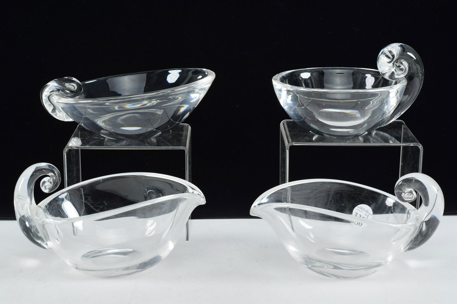 4 Steuben art glass bowls with stylized handles. Each (1 of 6)