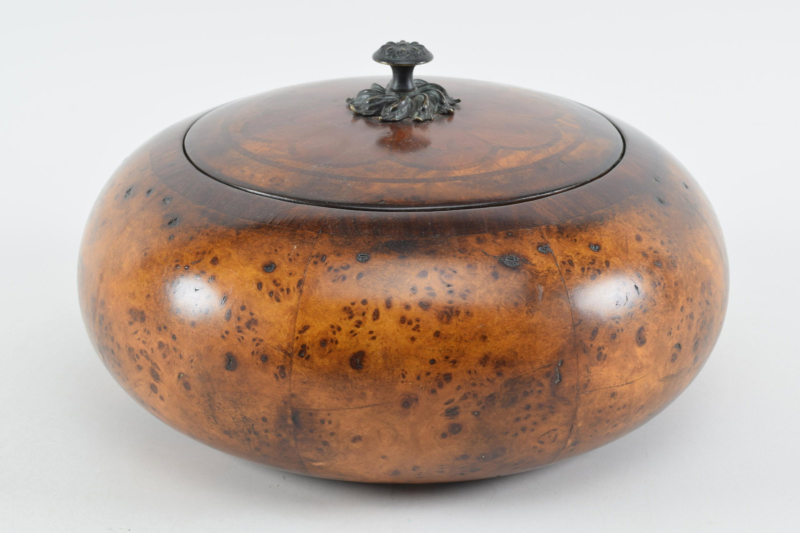 Large birds eye maple round covered box with inlay and (1 of 5)