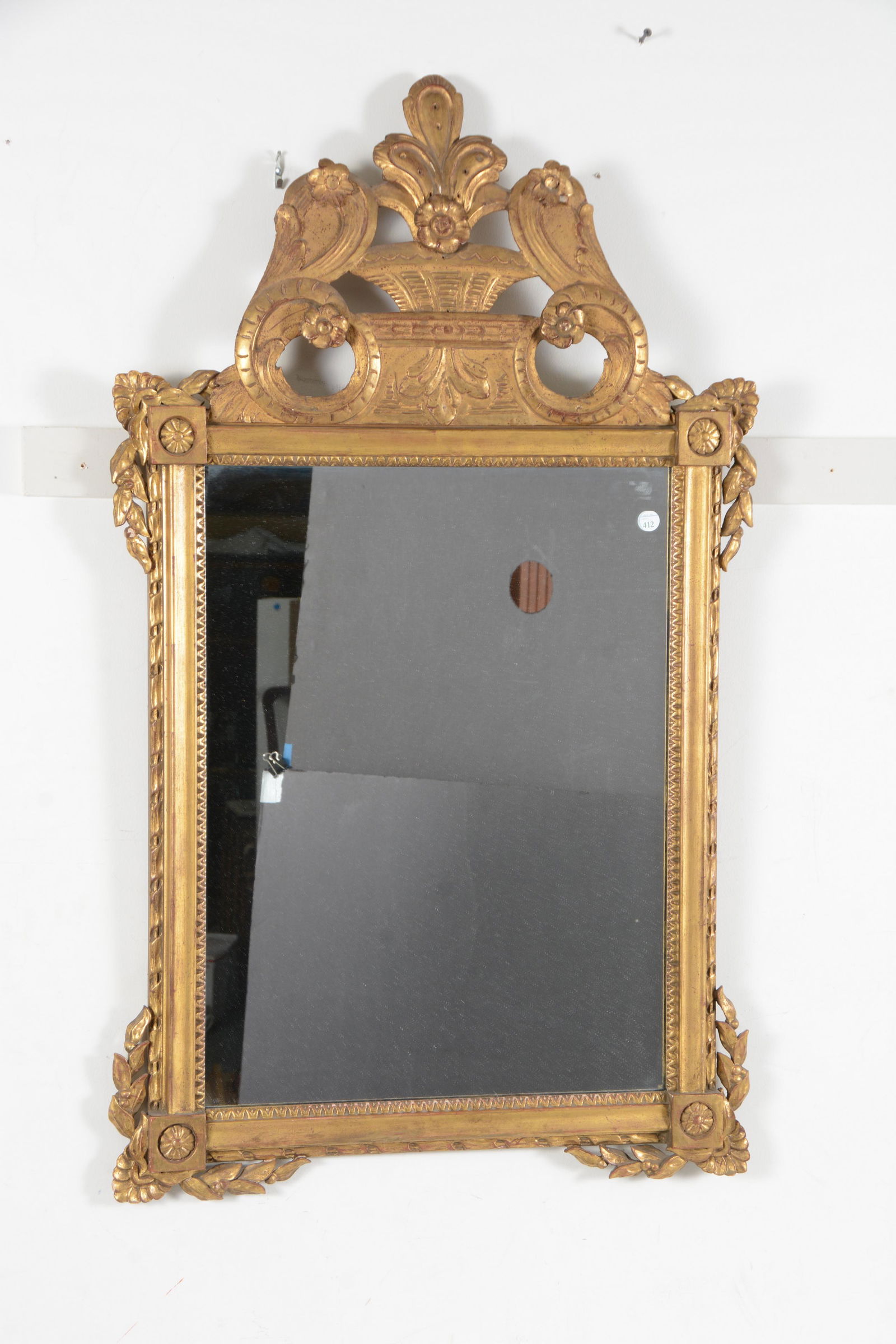 Continental gilt wall mirror. Elaborate crest with urn (1 of 5)