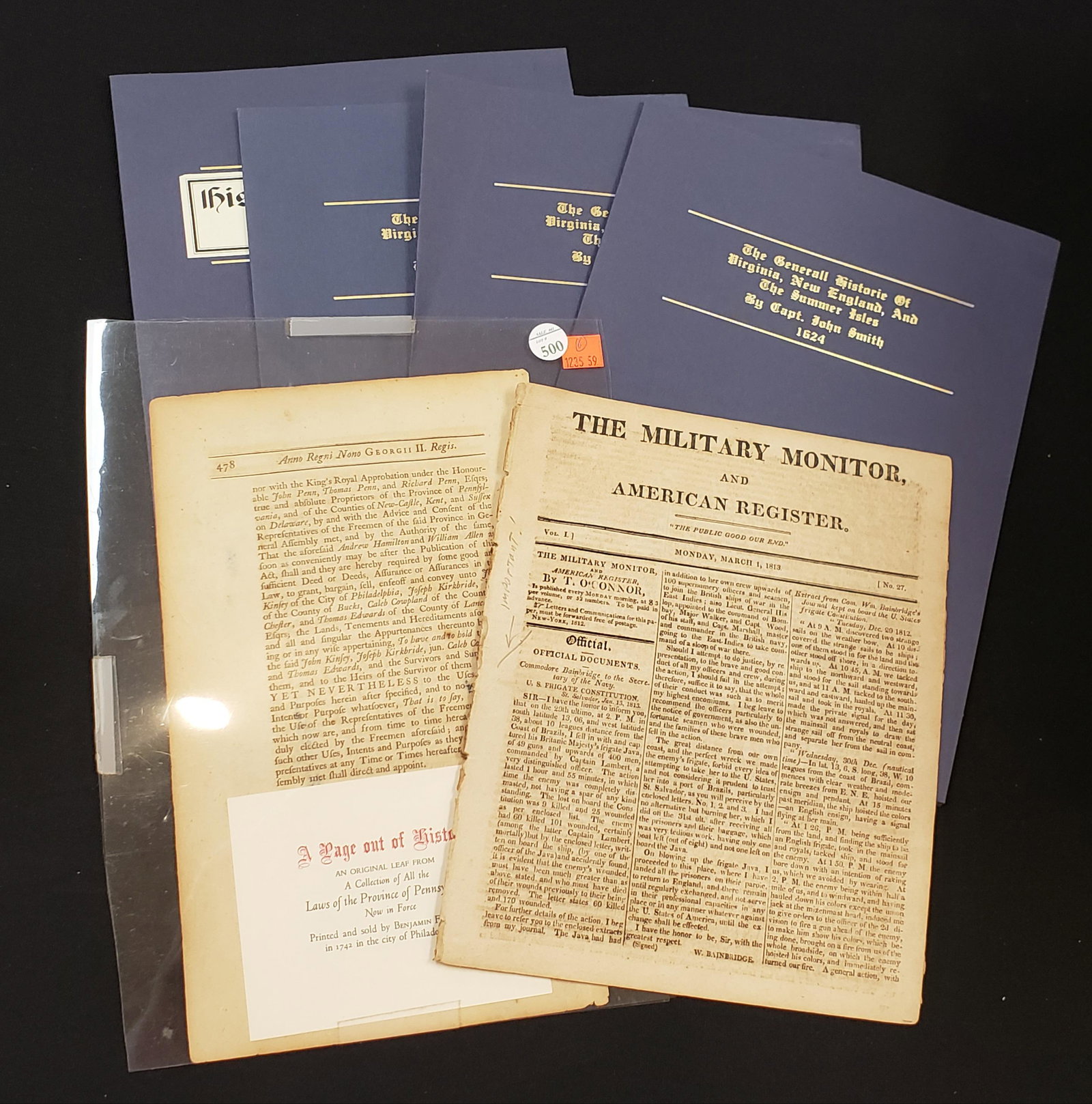 Antique book leafs, including 1742 Laws of Provincial: Antique book leafs, including 1742 Laws of Provincial Pennsylvania, 1624 the Generall Hisotrie of Virginia, and The Military Monitor and American Register 1813. Largest is 7 x 11.75 inches. Light toni