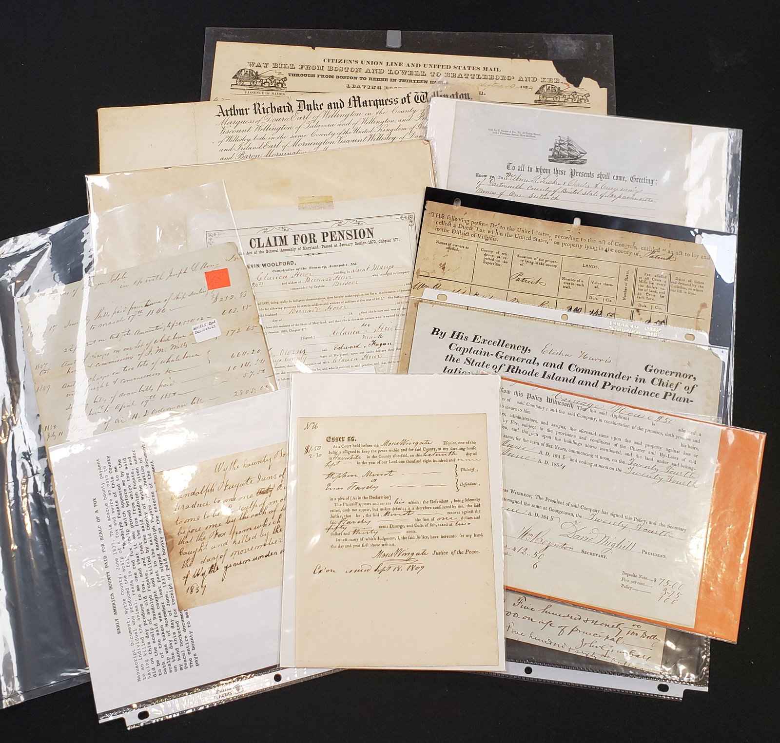 19th Century Ephemera, including manuscript account of: 19th Century Ephemera, including manuscript account of Whale Bones deliveries, a Boston Stagecoach waybill, Virginia State tax receipt, Rhode Island Justice of the Peace certificate, 1837 bounty paid 