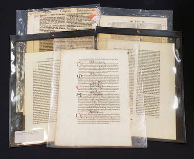 Antique Religious book leafs, including 1613 King James: Antique Religious book leafs, including 1613 King James Bible leaf printed by Robert Baker, 1546 Holy Bible in Latin by the widow of Johannes Crespin at Lyon, 1486 La Vita de Job by Laurentii, and two