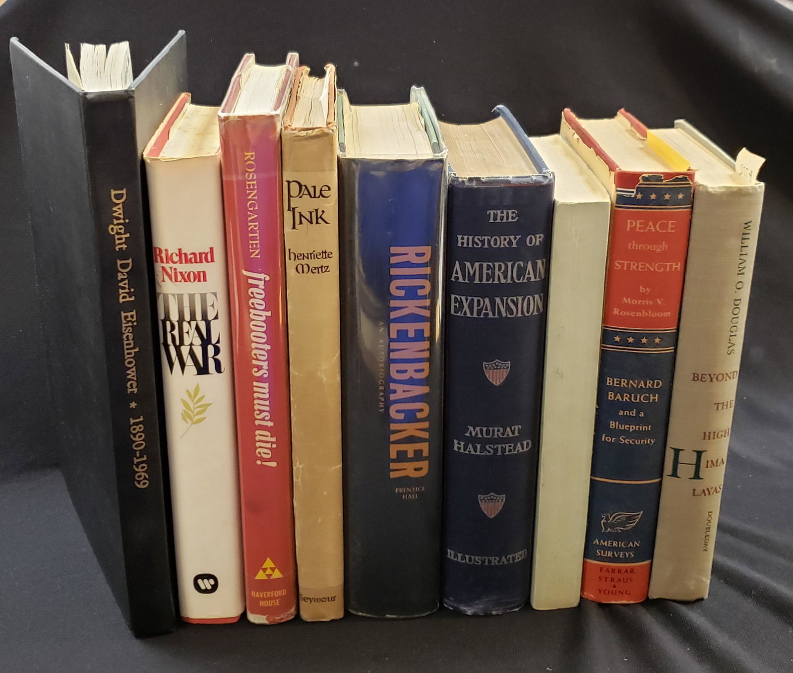 Signed Books and History books, including Richard Nixon: Signed Books and History books, including Richard Nixon "The Real War" signed, Peace through Strength signed by Morris Rosenbloom, Beyond the High Himalayas signed by William Douglas, Pale Ink signed 