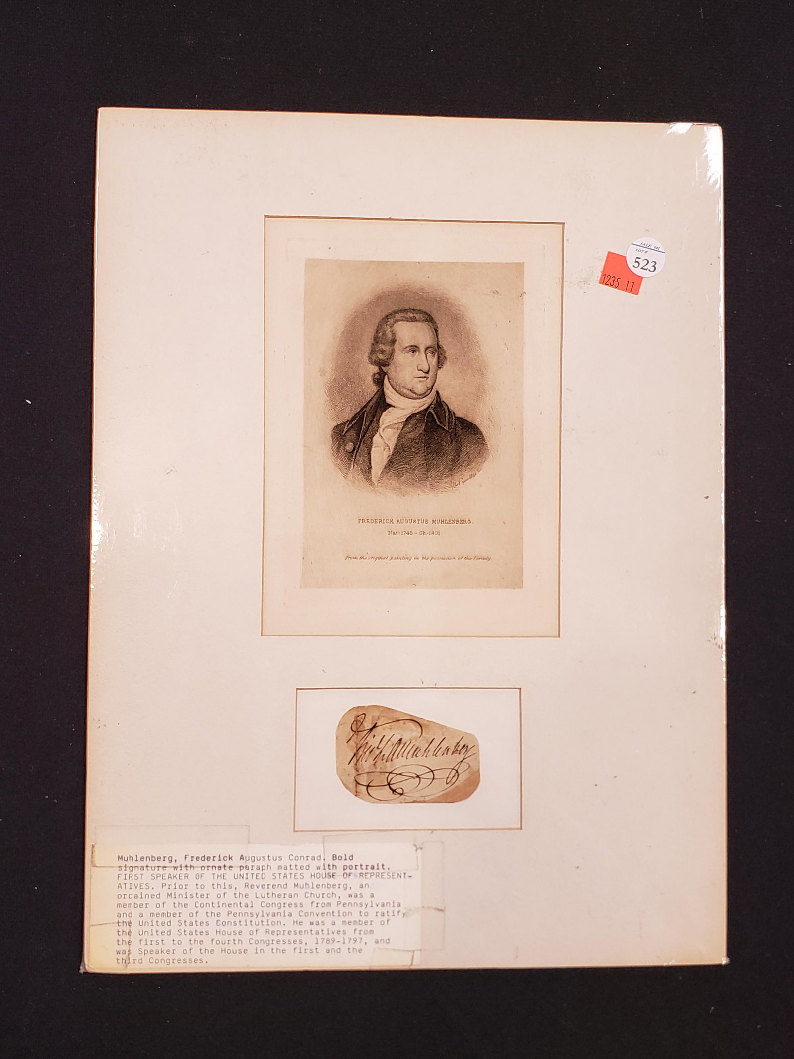 Frederick Augustus Muhlenberg autograph signature.: Frederick Augustus Muhlenberg autograph signature. American minister, Pennsylvania statesman, and first speaker of the House of Representatives. Signature clipping on period paper, mounted in vintage 