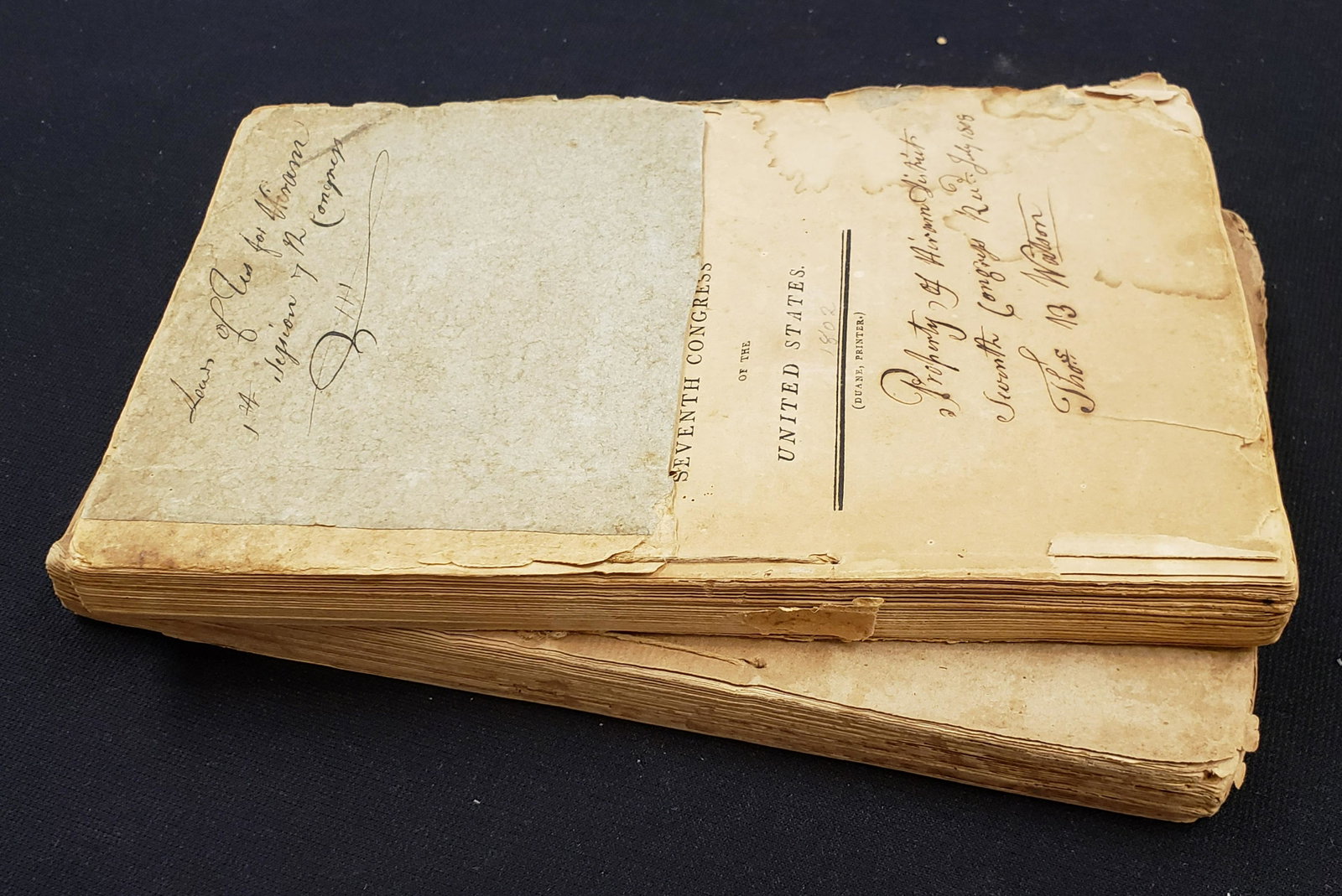 Acts of Congress 1802 and 1804. "Acts Passed at the: Acts of Congress 1802 and 1804. "Acts Passed at the First Session of the Seventh Congress of the United States of America," 1802, with "Thomas B. Watson" signature to title page. And "Acts Passed at t