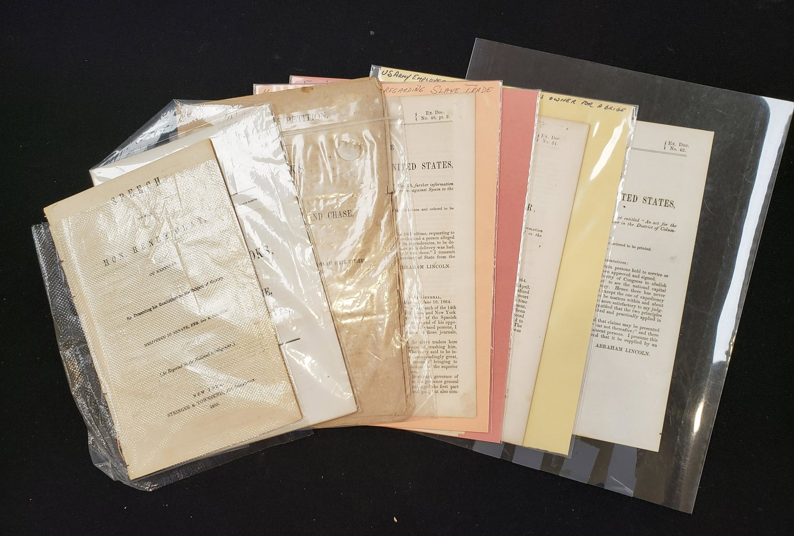 US Slavery Pamphlets related to President Lincoln.: US Slavery Pamphlets related to President Lincoln. Seven publications related to slavery, legislation, President Lincoln, and the slave trade. Includes "Remarks of Messrs. Seward, Hale, and Chase" (18