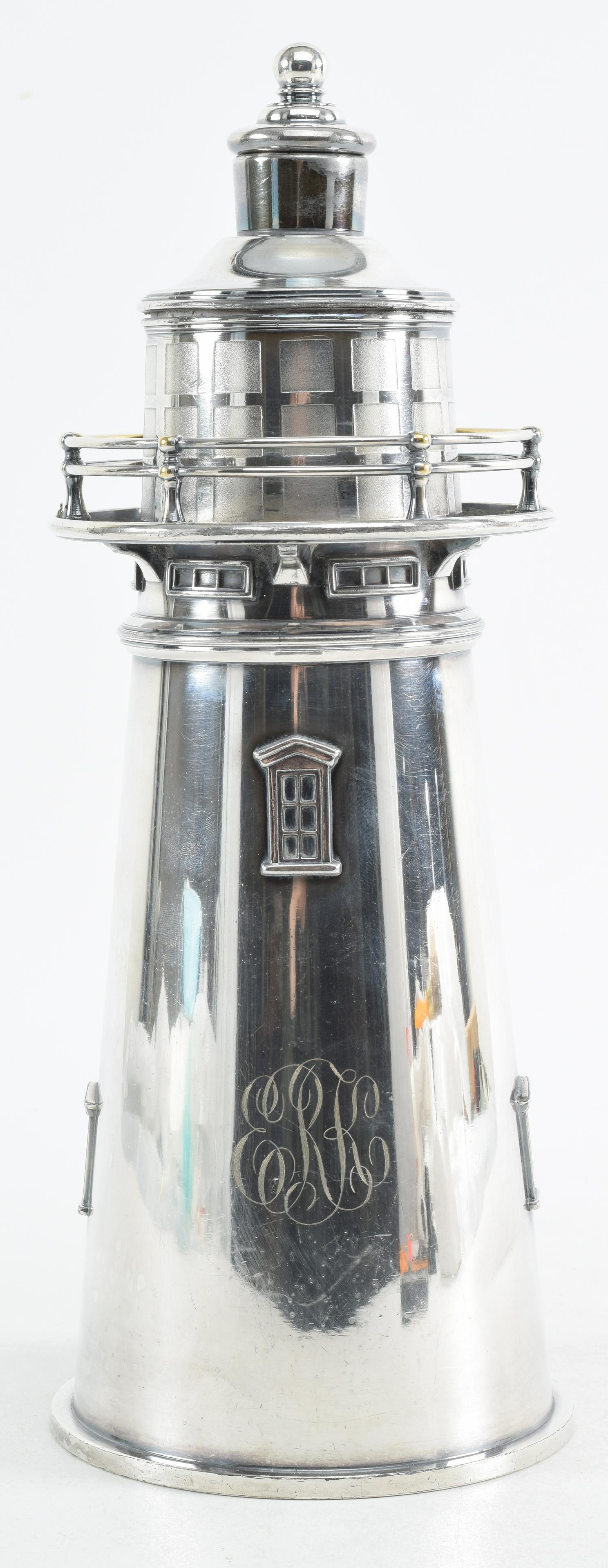 Meriden silver plate lighthouse form cocktail shaker. Ca. 1930. Monogrammed front, ERK?. Some (1 of 9)