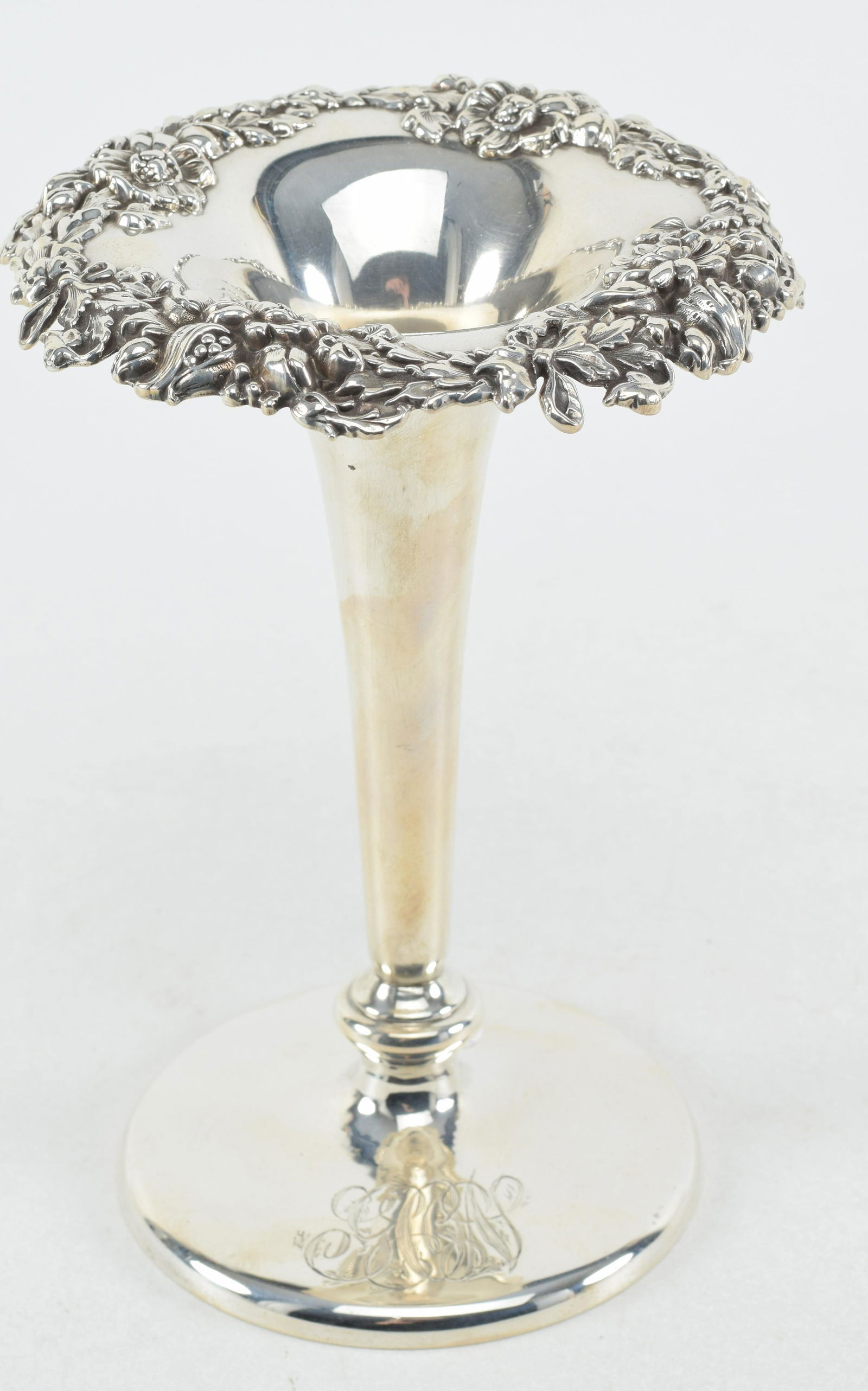 Mauser sterling silver bud vase with raised floral decoration on rim. Monogrammed on base. Marked (1 of 6)