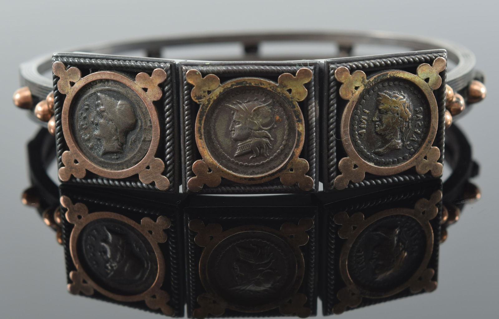 Early 19th century Continental cut steel and gold bracelet mounted with three coins. Reeded and ball (1 of 10)