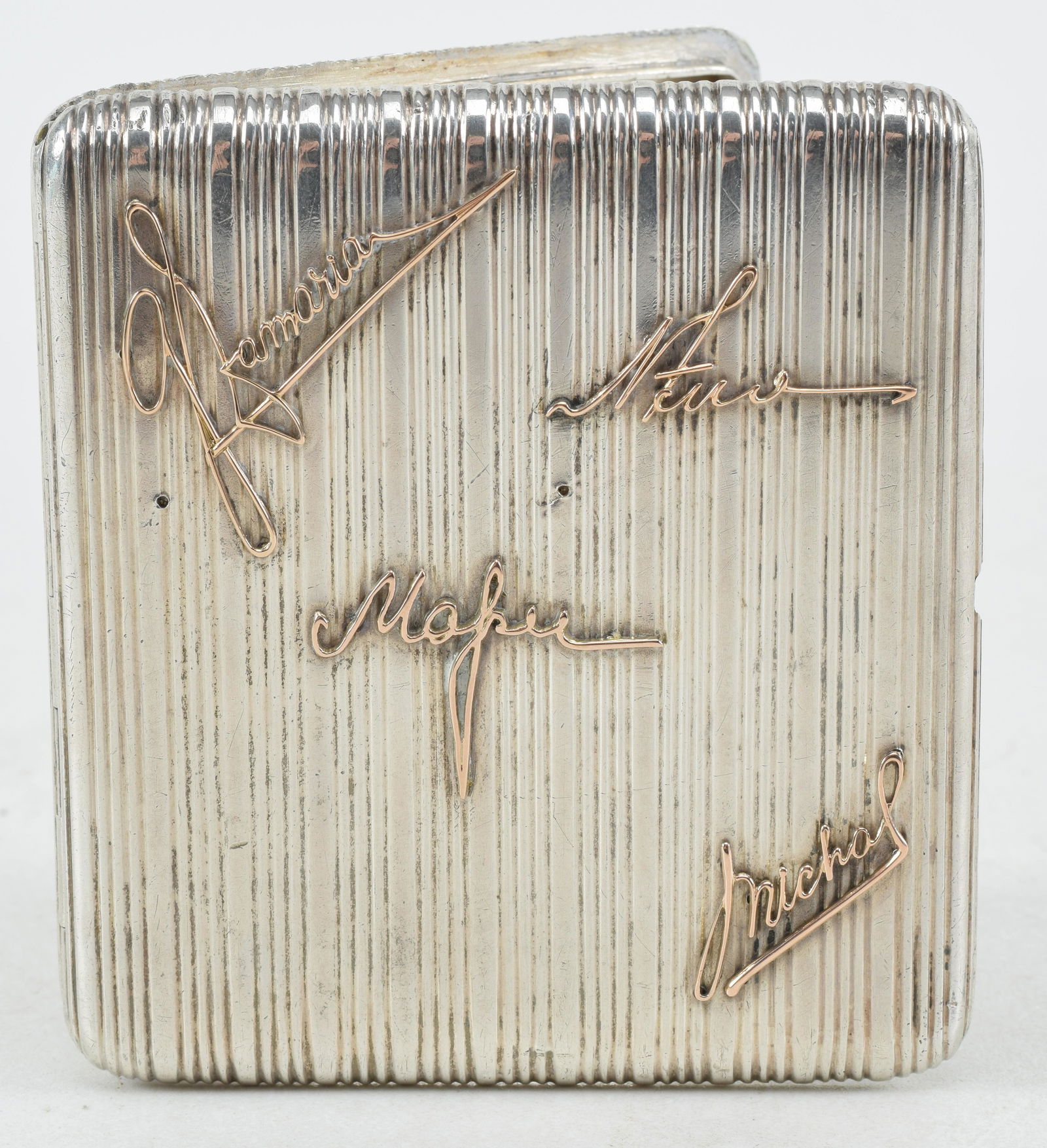 Early 20th century Russian silver and gold mounted cigarette case. Rectangular flat reeded design (1 of 7)