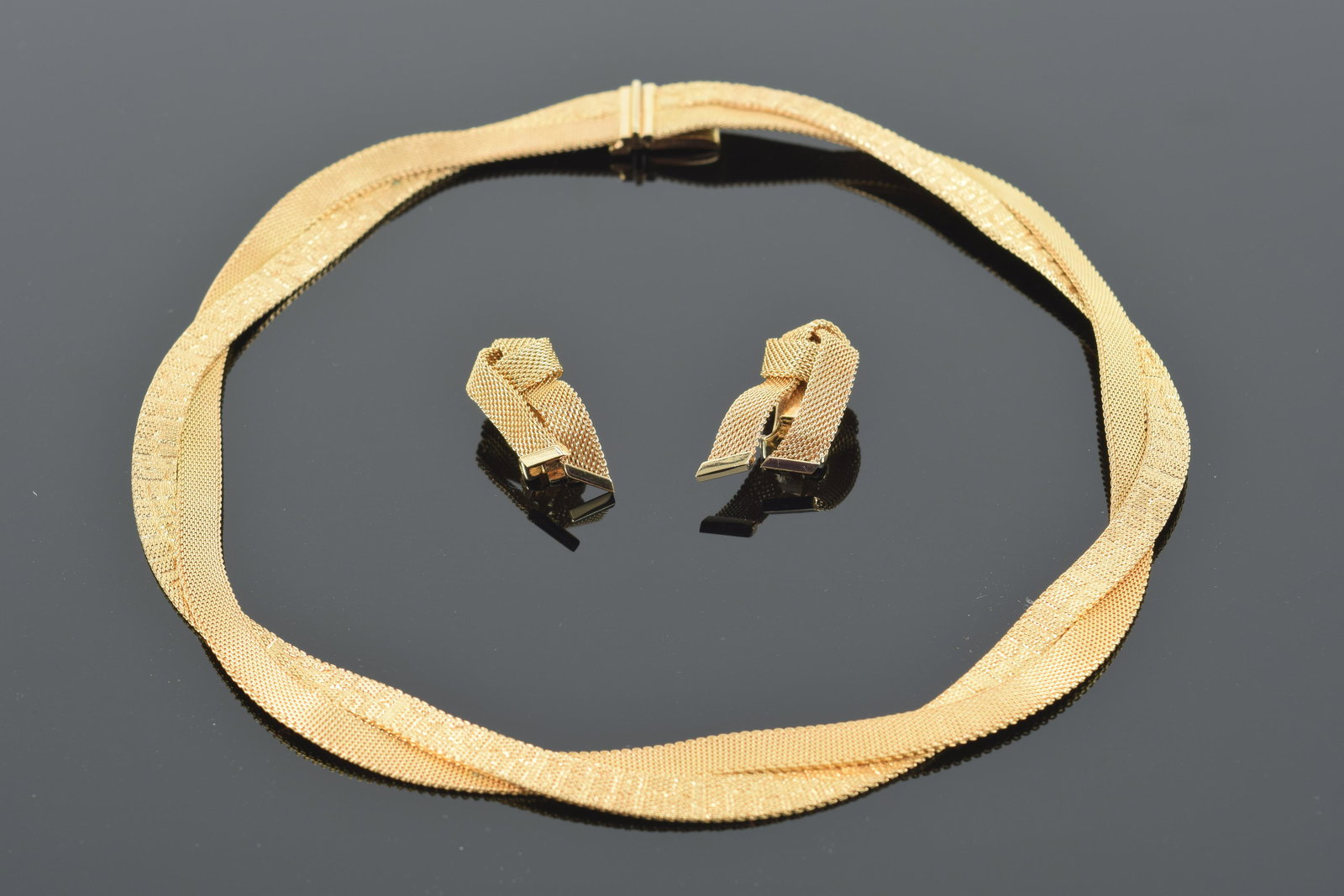 Vintage Christian Dior necklace and earrings set. Interlaced "fabric" design in gold tone with (1 of 6)