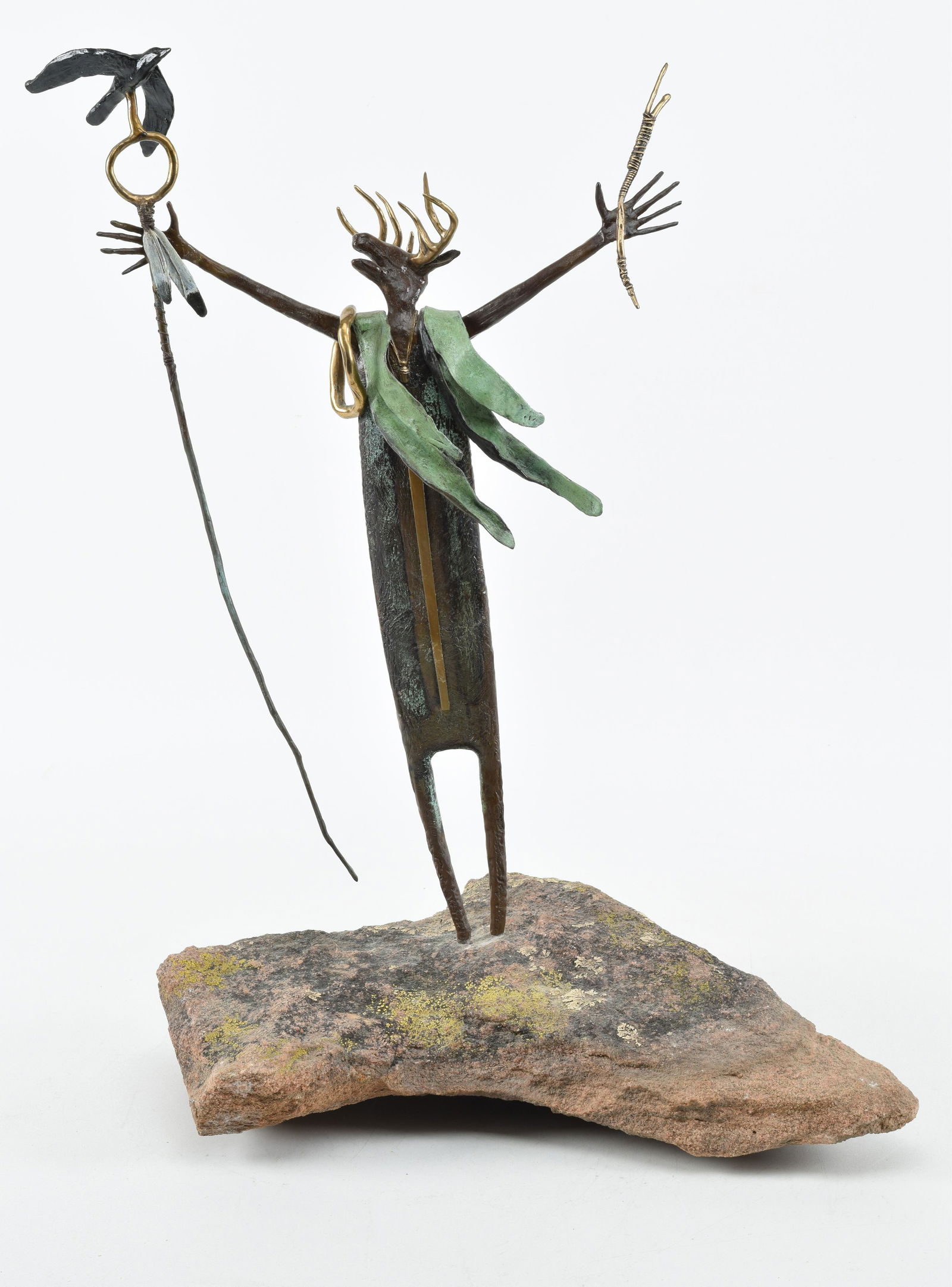 Bill Worrell. Southwestern Native American bronze animalistic Shaman figure with hawk-topped staff (1 of 8)