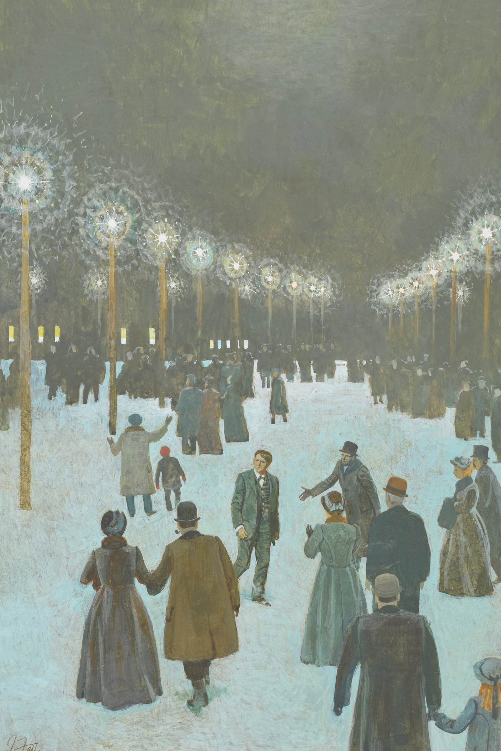 John Falter. American illustrator. Original gouache illustration depicting winter illuminated park (1 of 7)