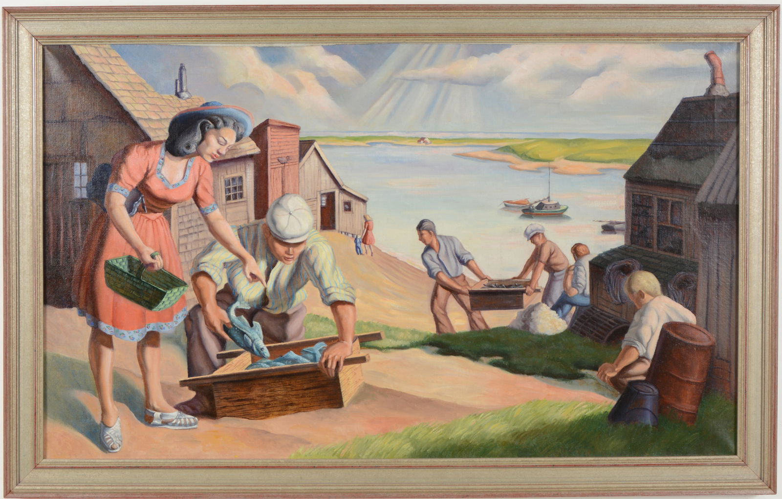 American, early 20th century. Unsigned. Regionalist style Maine coastal village with fisherman (1 of 8)