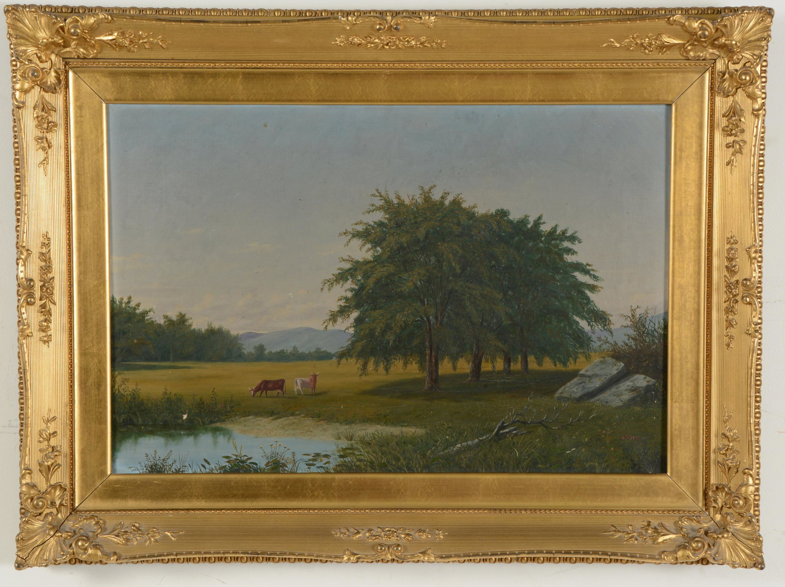 19th century American school New Hampshire landscape view. Cows in a landscape along a river with (1 of 8)