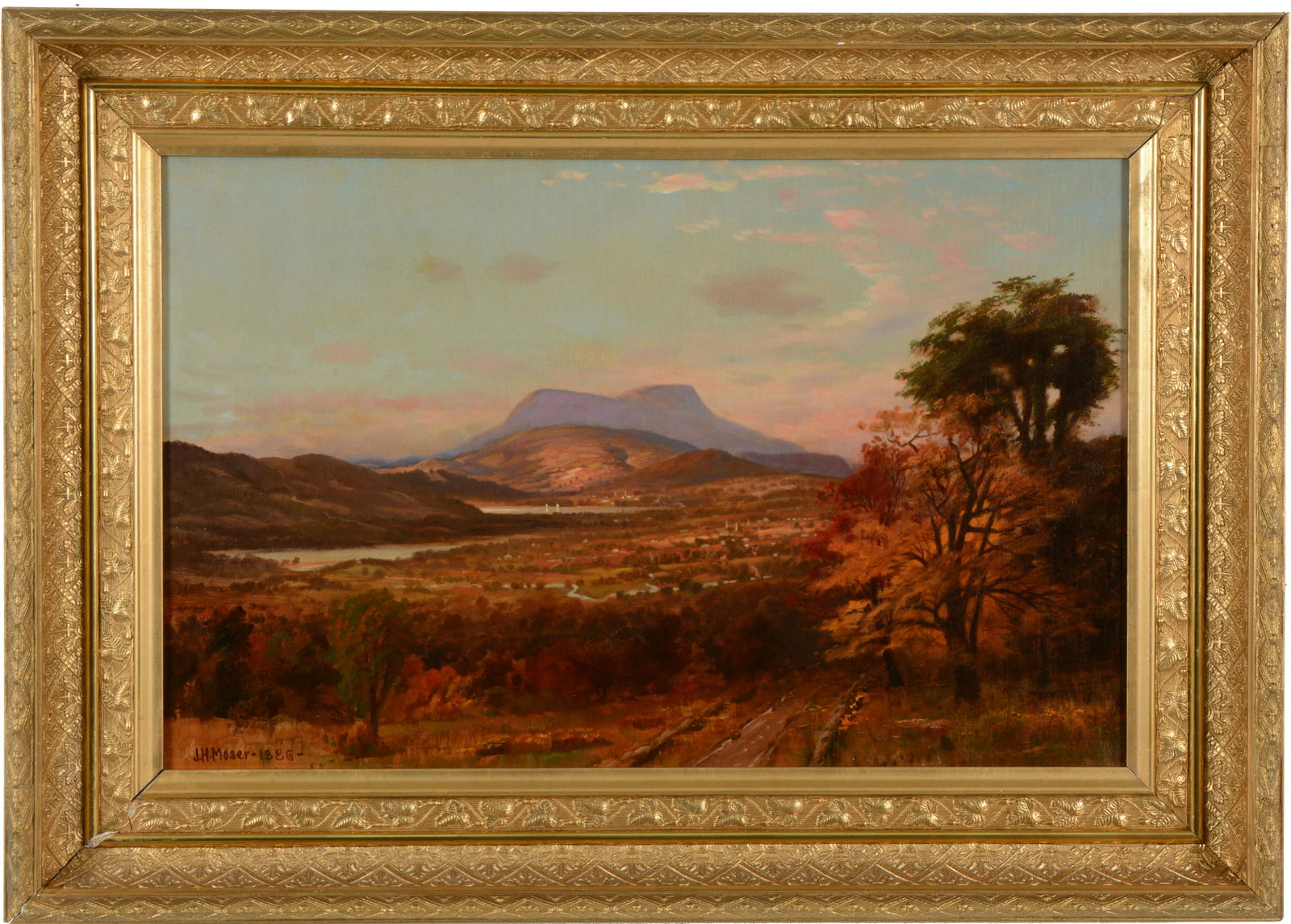 James Henry Moser. American. 1886 Fine Berkshires landscape scene: James Henry Moser. American. 1886 Fine Berkshires landscape scene depicting Saddle Ball Mountain and Mount Greylock near Pittsfield, Massachusetts. Oil on canvas. Framed. Signed and dated lower left.