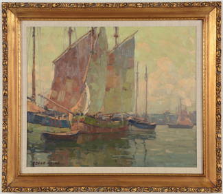 Edgar Payne. American. Large harbor scene with boats at dock. Oil on canvas. Framed. Good condition. (1 of 7)