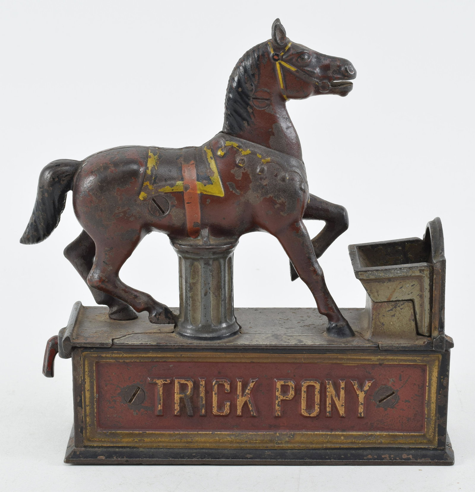 Late 19th century "Trick Pony" mechanical cast iron bank. Horse head bobs to drop coin. Red and (1 of 8)