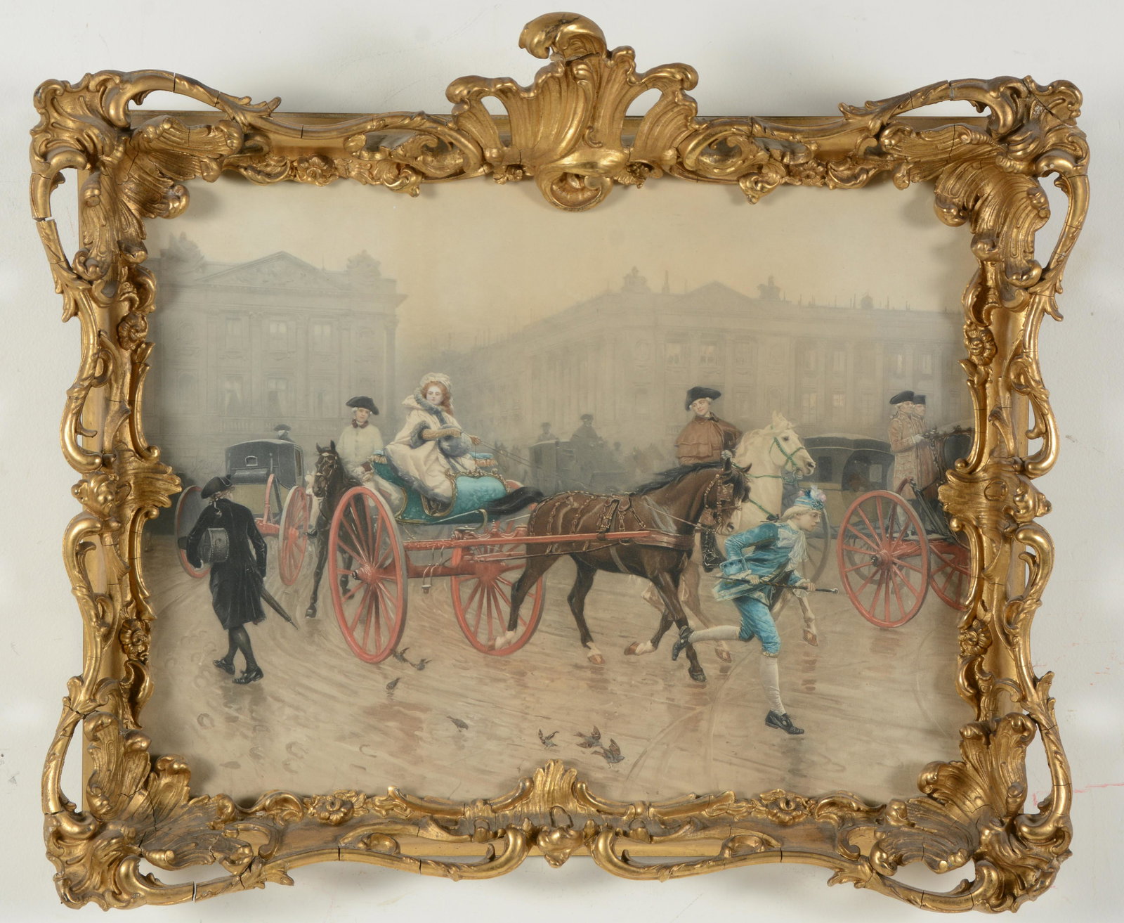 Antique genre scene print after Charles Edouard Edmond Delort. "Place de la Concorde, Paris". Framed (1 of 3)