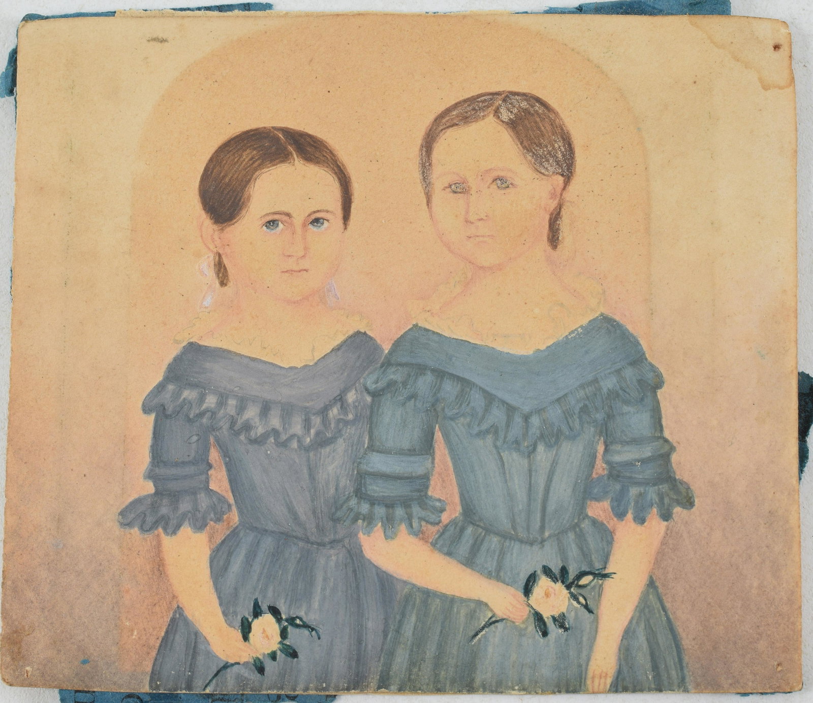 Early 19th century American school folk art miniature watercolor painting of two young girls in blue (1 of 2)