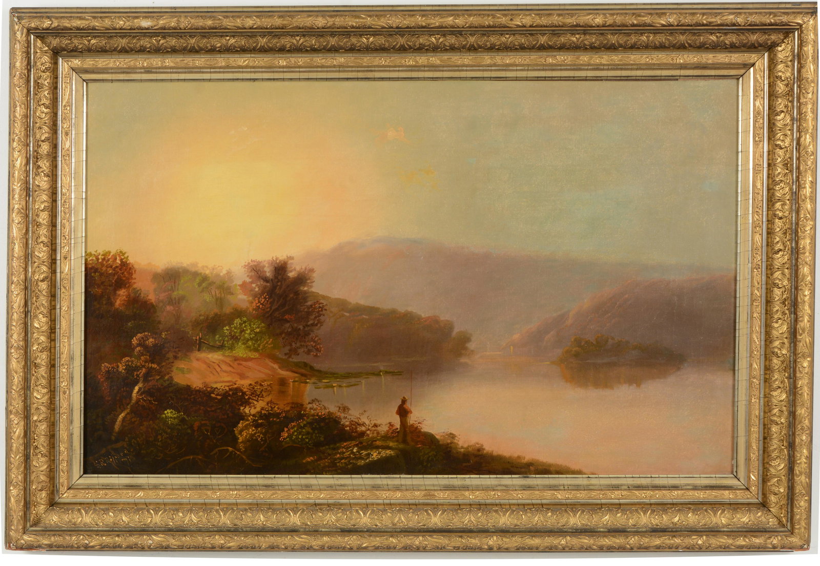 19th century American Hudson River view. River scene with fisherman and mountains. Oil on canvas. (1 of 8)