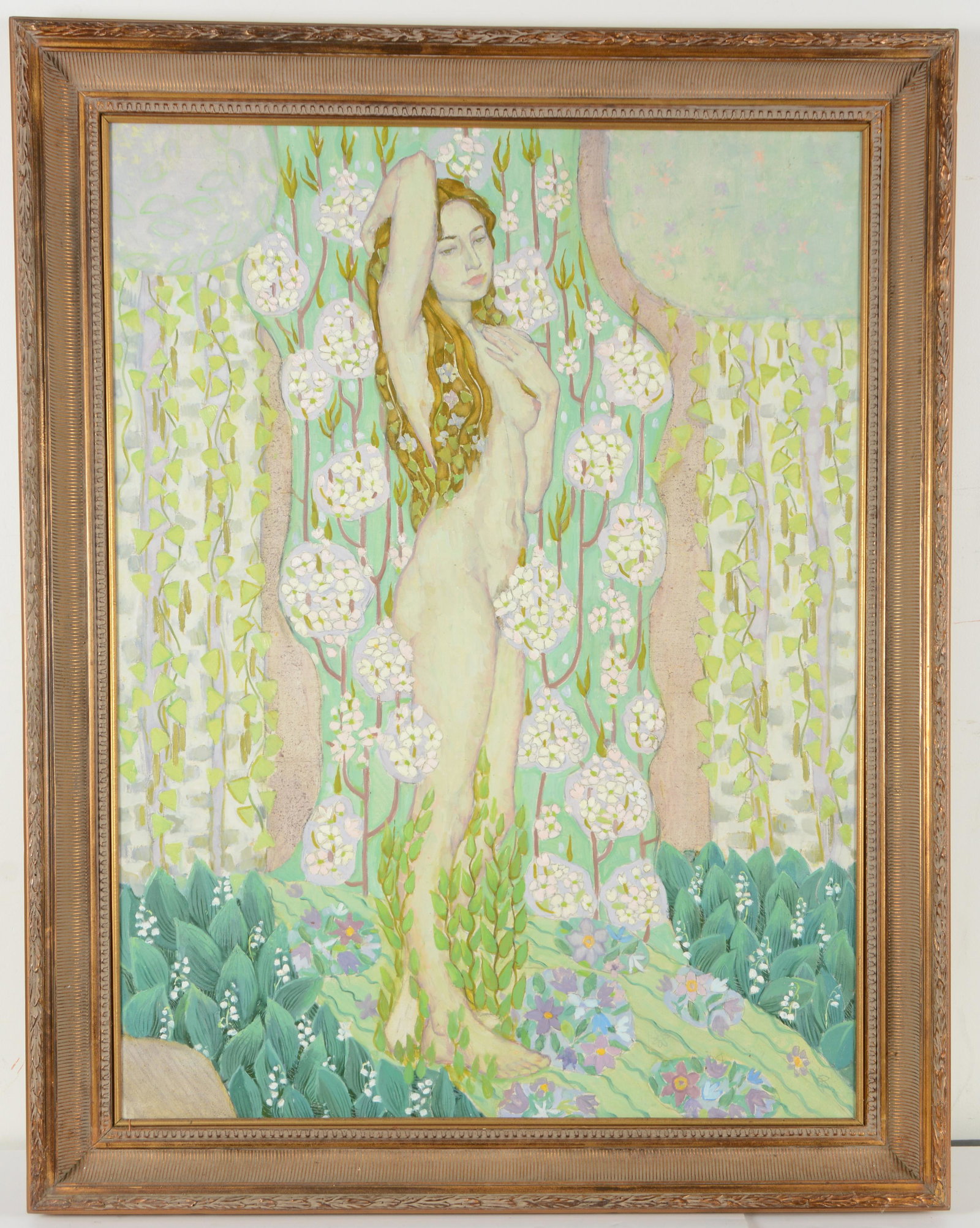 20th Century Art Nouveau style portrait of a woman in a spring garden. Oil on canvas. Illegible (1 of 7)