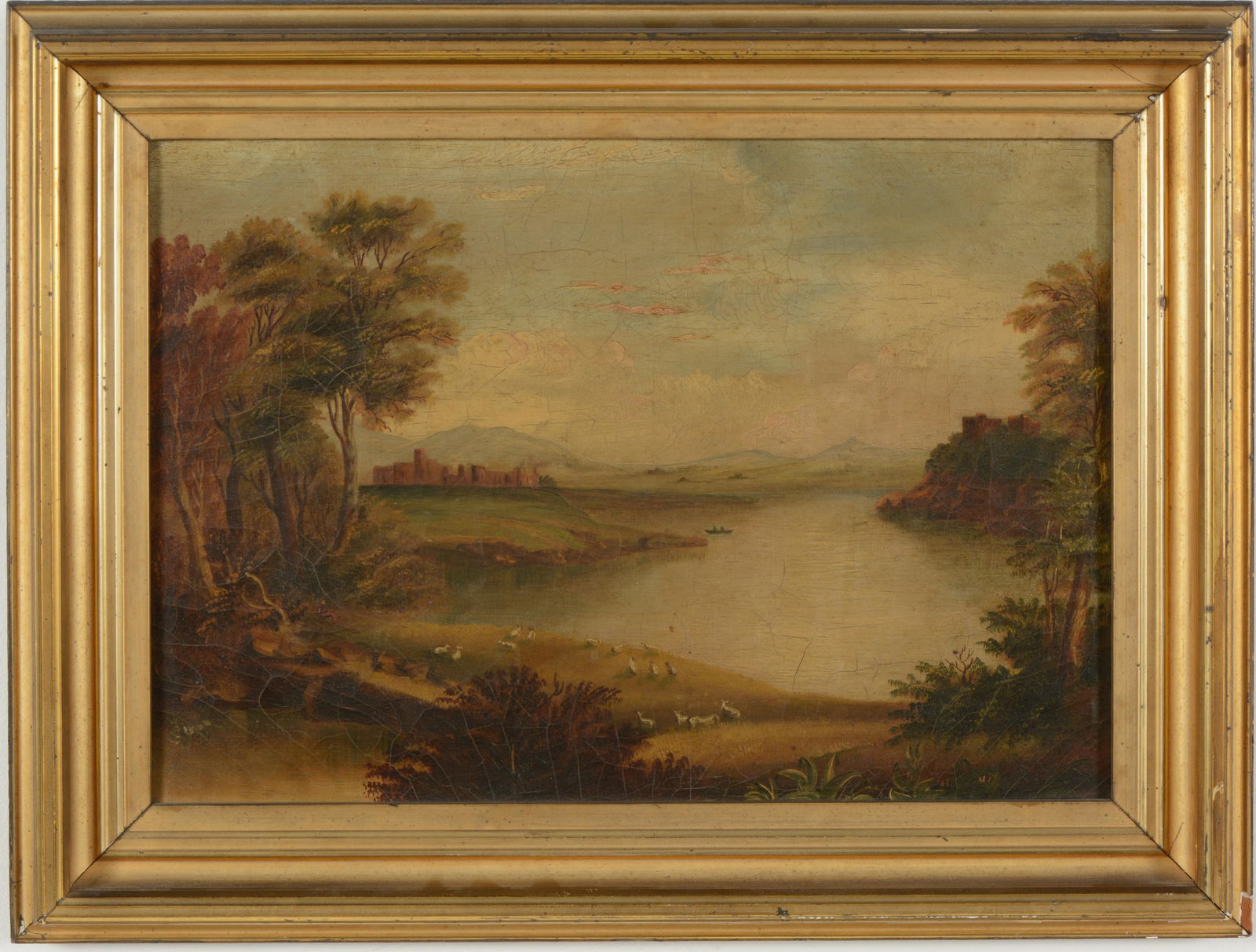 19th century continental school landscape with castles flanking a river and herd of sheep in the (1 of 6)