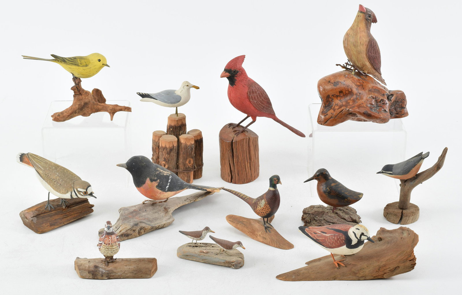 Miniature bird carvings. Collection includes: pheasant by Robert Morse, 2 birds by Restwart (one (1 of 17)