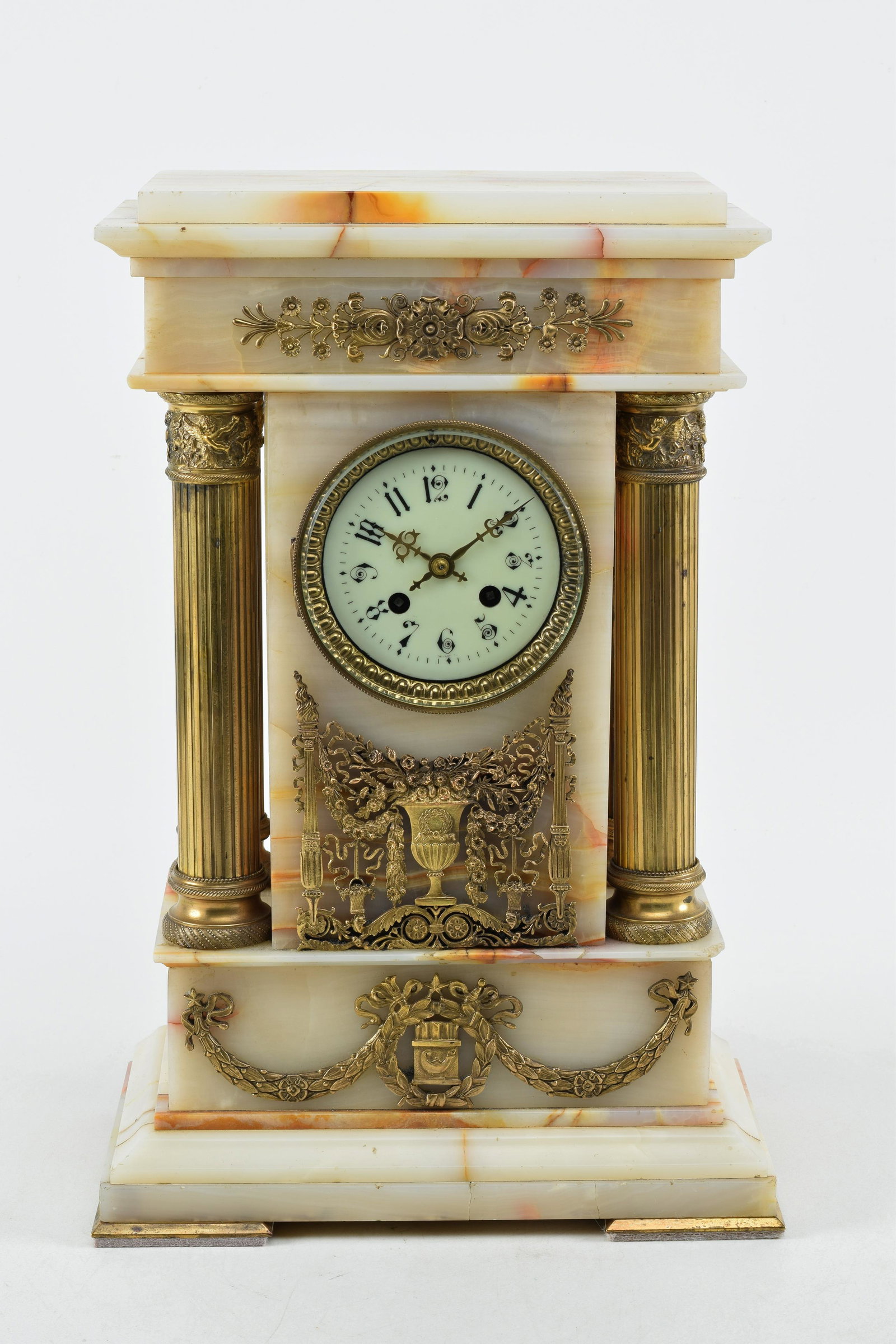 White alabaster and ormolu mounted shelf clock, late 19th Century. Four Corinthian columns flanking (1 of 9)