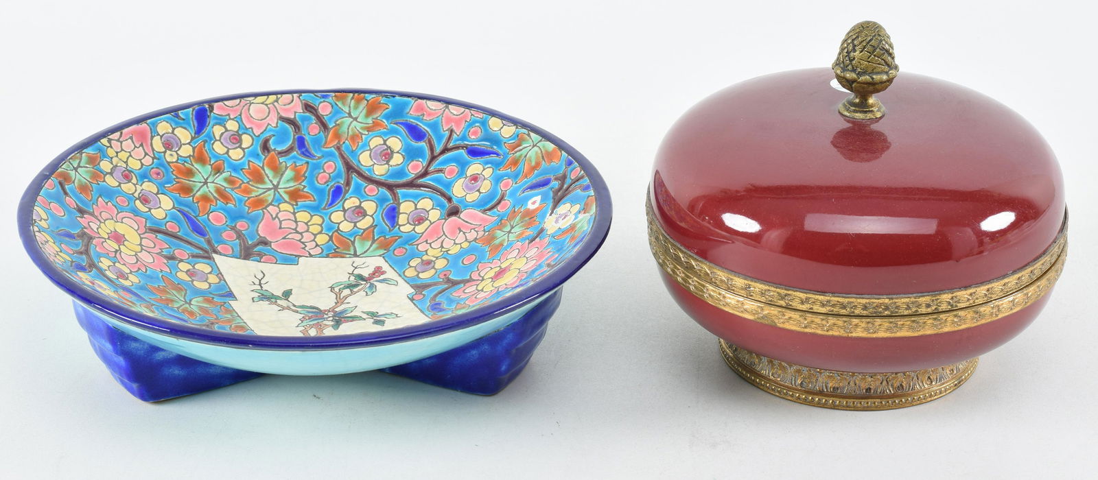 2 pieces of French pottery. 1) Oxblood glazed round covered box with gilt metal mounts and acorn (1 of 9)
