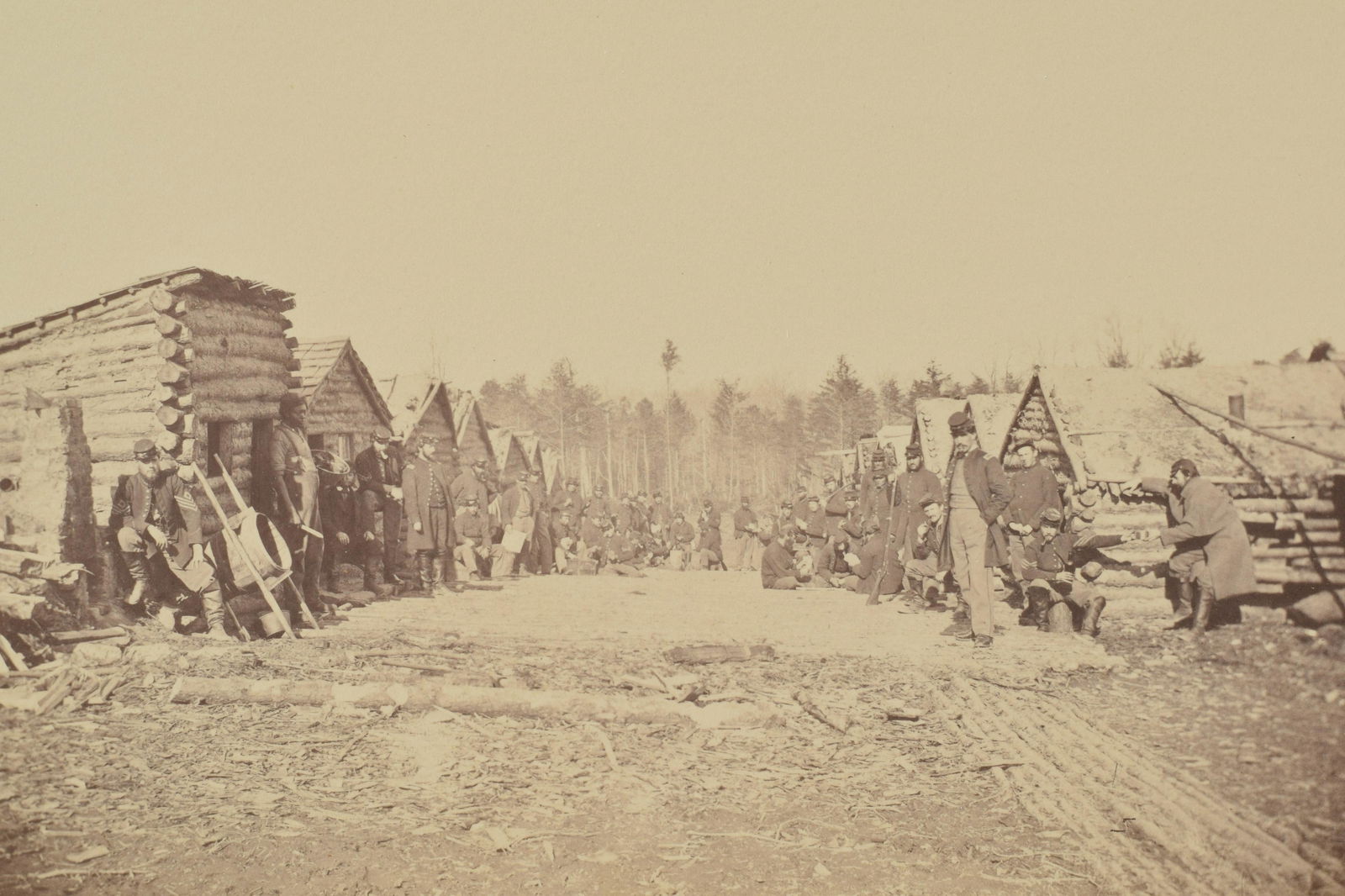 Original Civil War Albumen of Union Soldiers in Camp Posed in front of Log Buildings Photograph. (1 of 5)