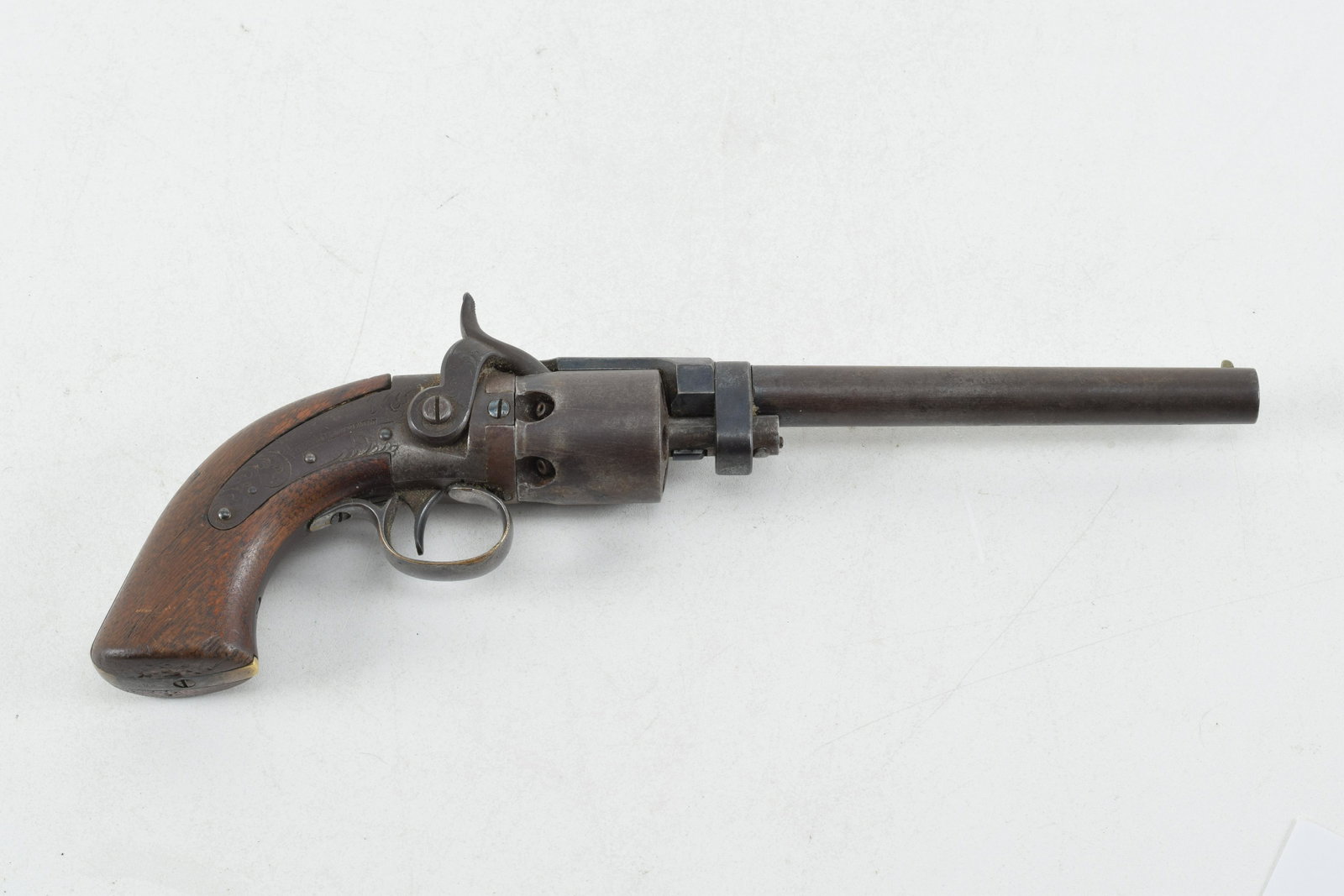 Rare Civil War Era Wesson & Leavitt Mass Arms Dragoon Revolver. Barrel is 6" .31 Cal with brass pin: Rare Civil War Era Wesson & Leavitt Mass Arms Dragoon Revolver. Barrel is 6" .31 Cal with brass pin sight. Back action lock stamped "Wesson & Leavitts Patent" and top strap "Mass Arms Co Chicopee Fall