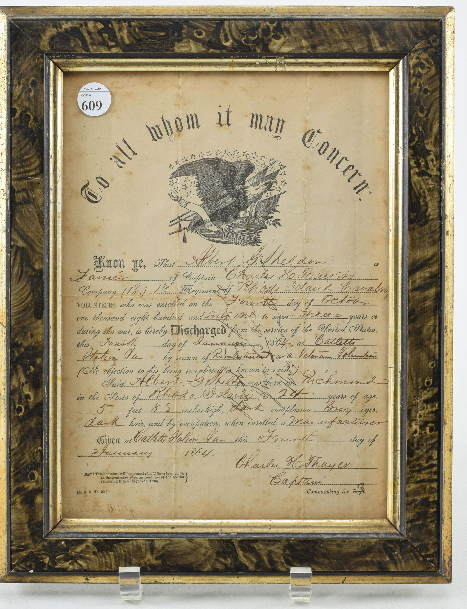 Civil War Discharge of Farrier Albert G. Sheldon (Relative of David R. Kenyon) from the CO. B  1st. (1 of 3)