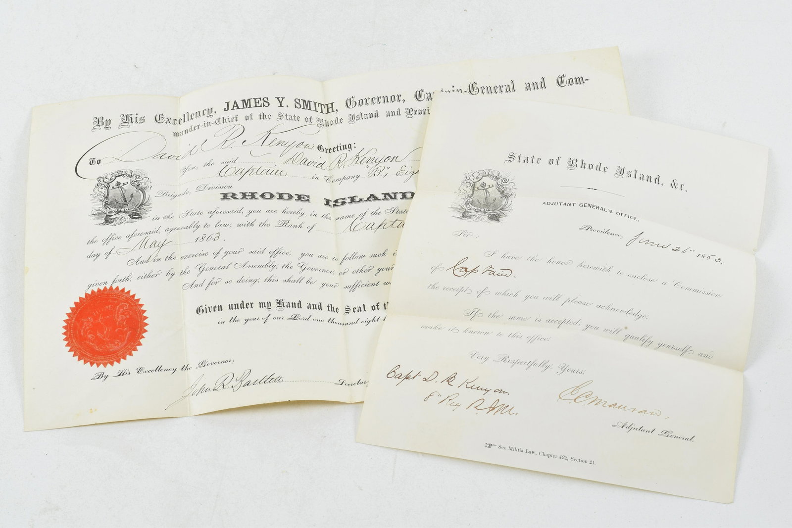 Civil War Captain Commission and Notification letter of David R. Kenyon to the 8th Rhode Island Vol. (1 of 7)