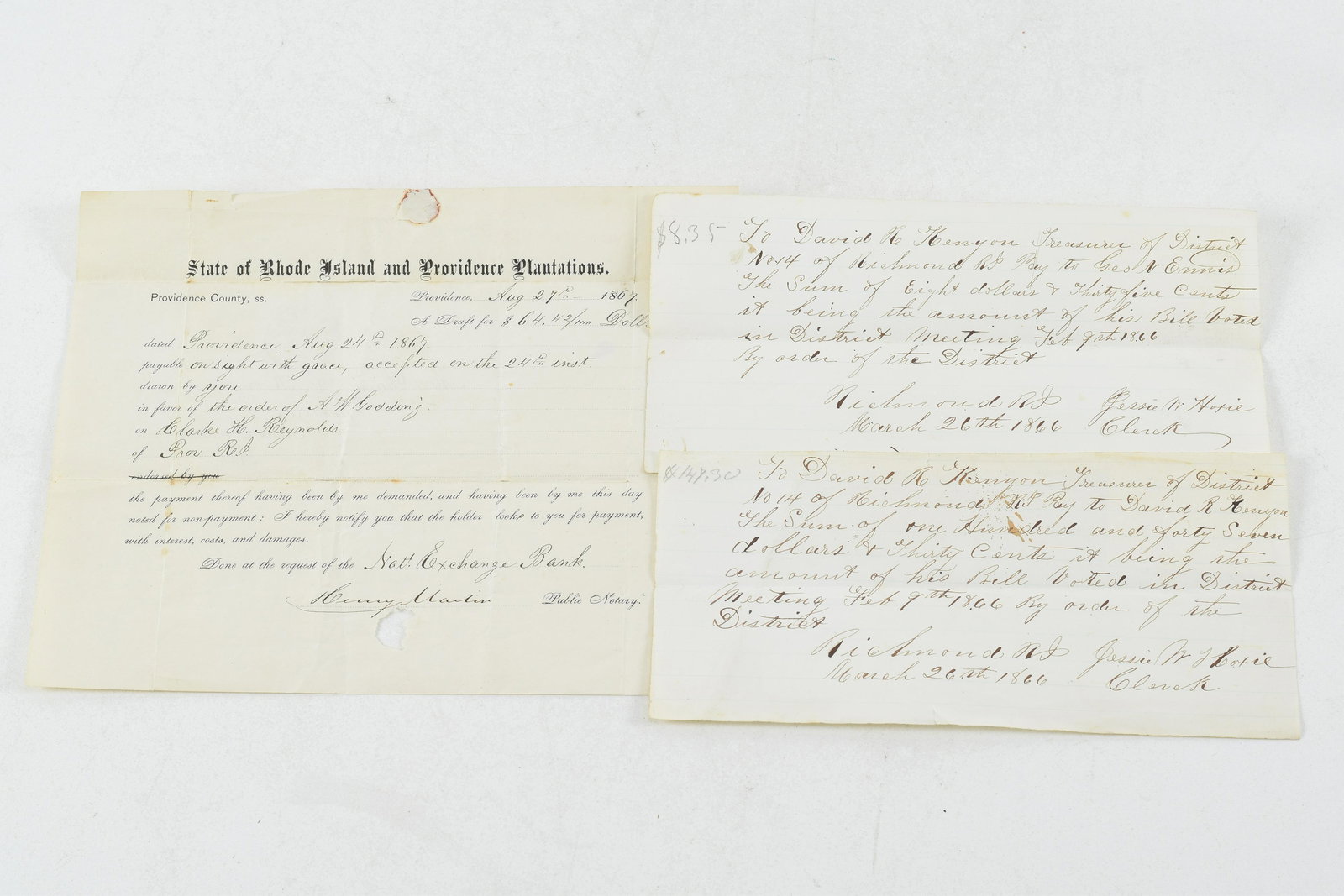 Lot of 3 Payment Receipts to David R. Kenyon from the state of Rhode Island totaling $220.17. (1 of 5)