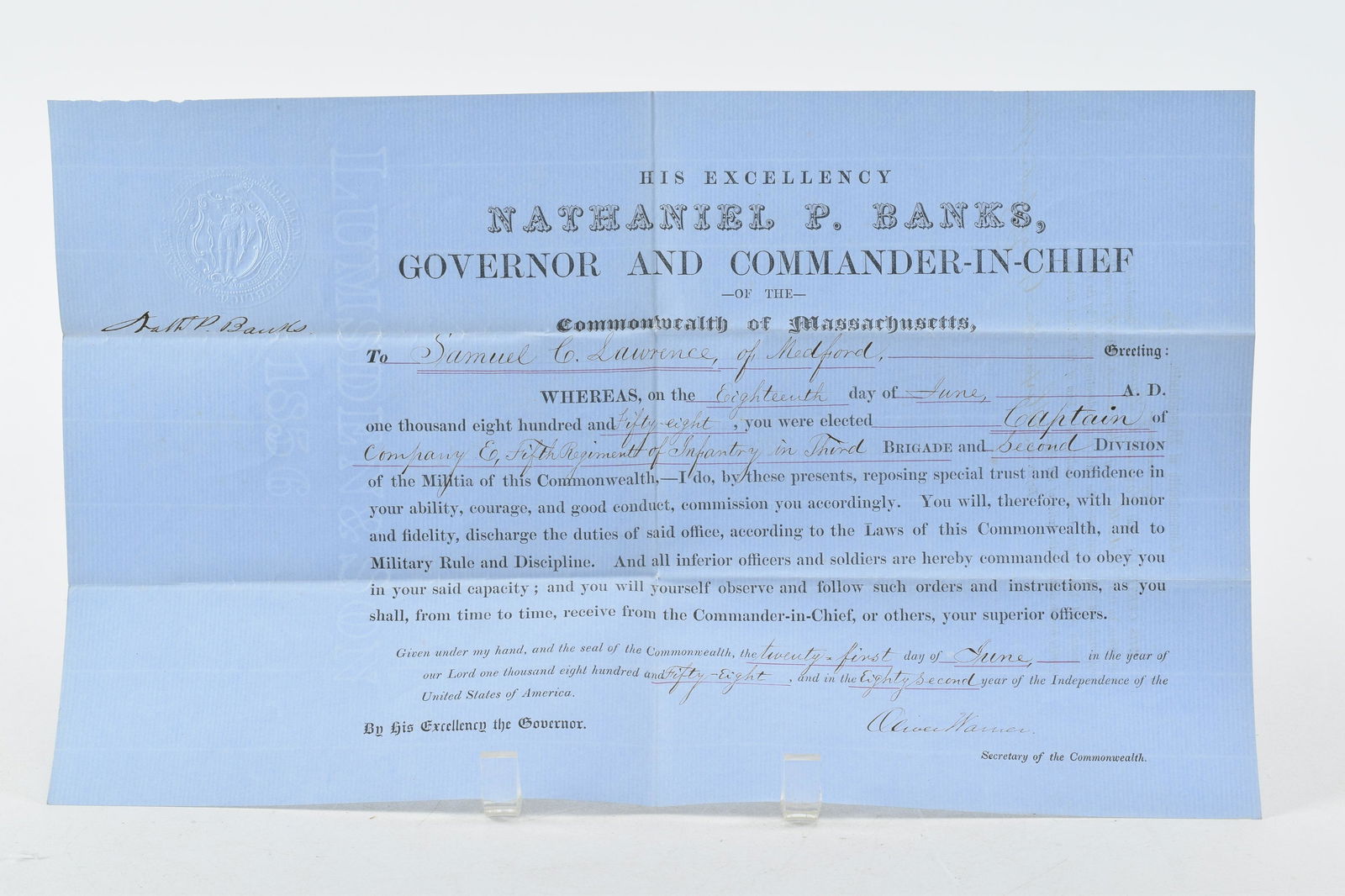 Pre Civil War Captain Commission of Samuel C. Lawrence to Company E in the 5th Regiment Infantry who (1 of 6)