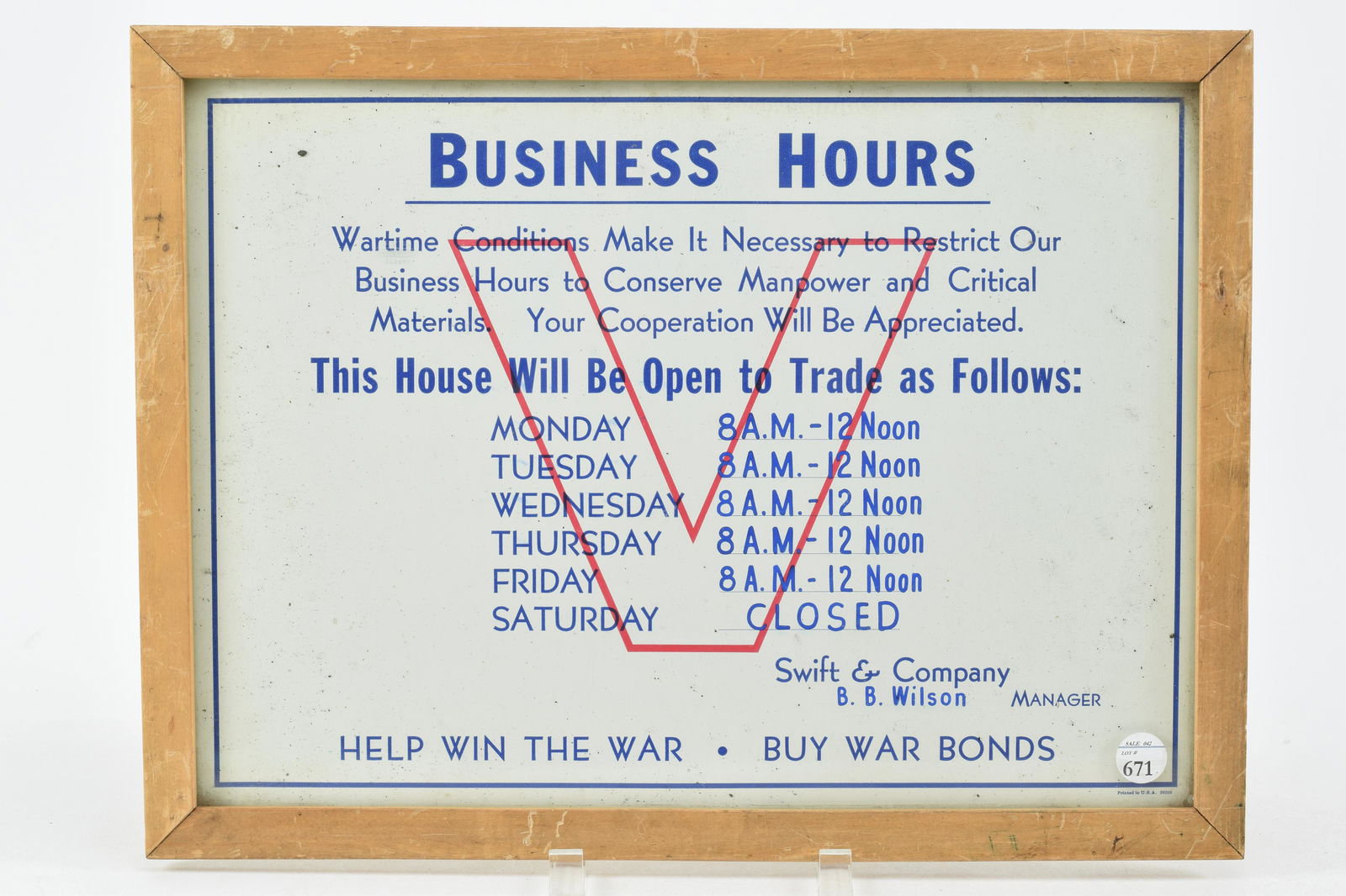 WWII Buy War Bonds Victory Porcelain Swift & Company Business Hours Sign. Likely for the Swift Meat (1 of 4)