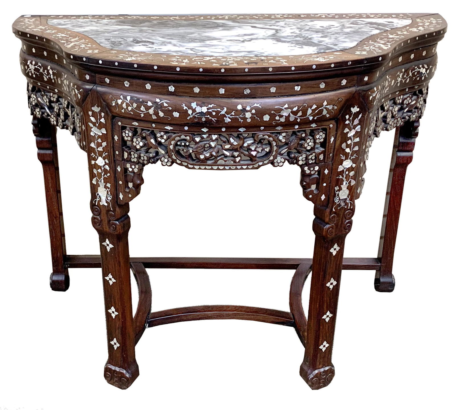Large 19th century Chinese mother of pearl inlaid rosewood console table. Inlaid gray marble top. (1 of 6)