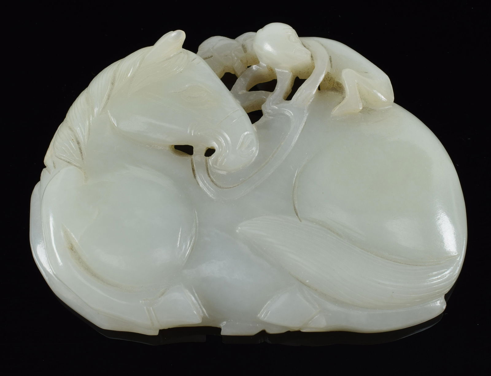 Jade belt plaque. China. 19th century. Horse with a monkey for the Rhebus :become a high official". (1 of 6)