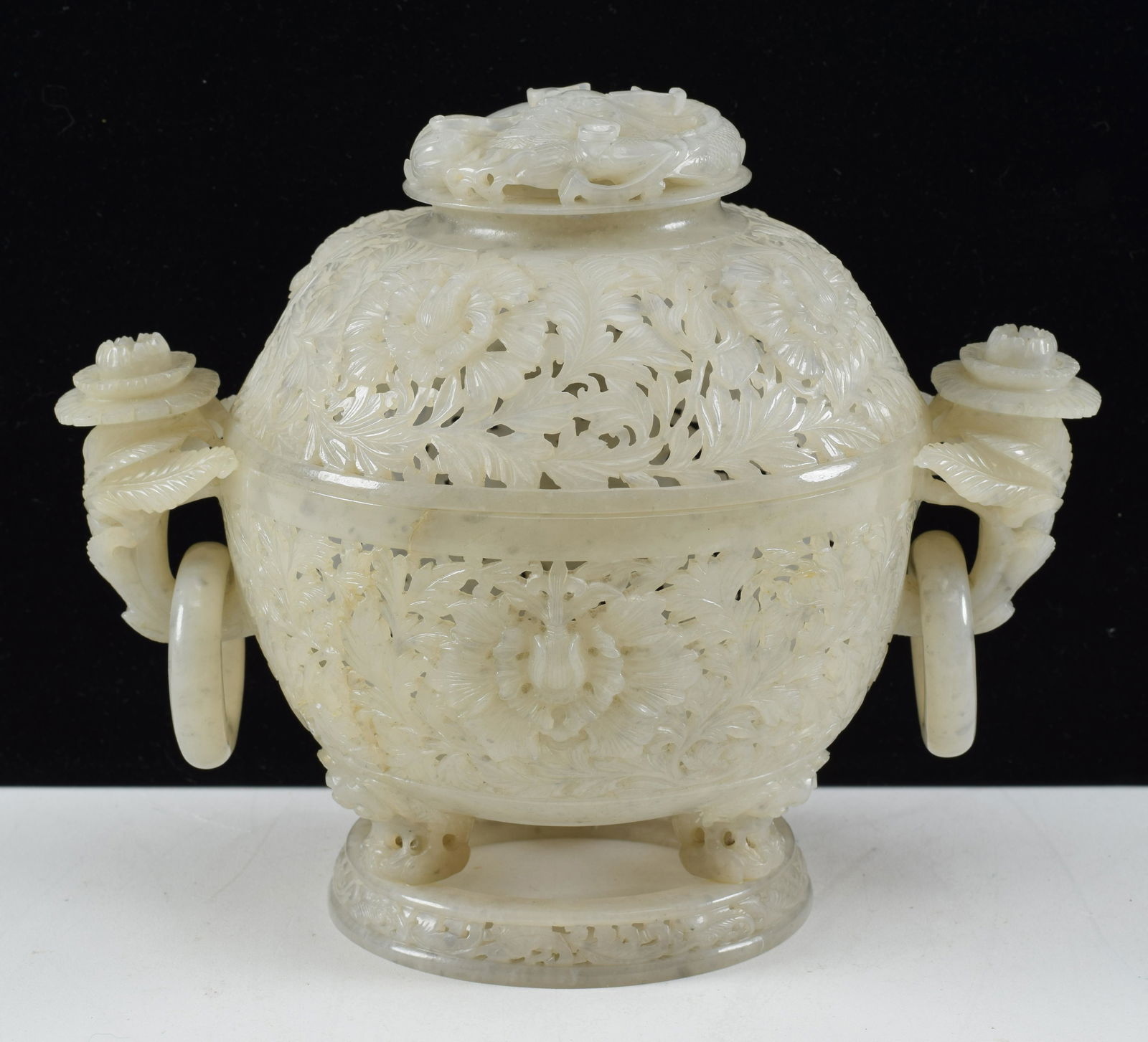 Jade censer. China. 20th century. Stone of a pale grey color. Mughal style. Carved and pierced with (1 of 8)