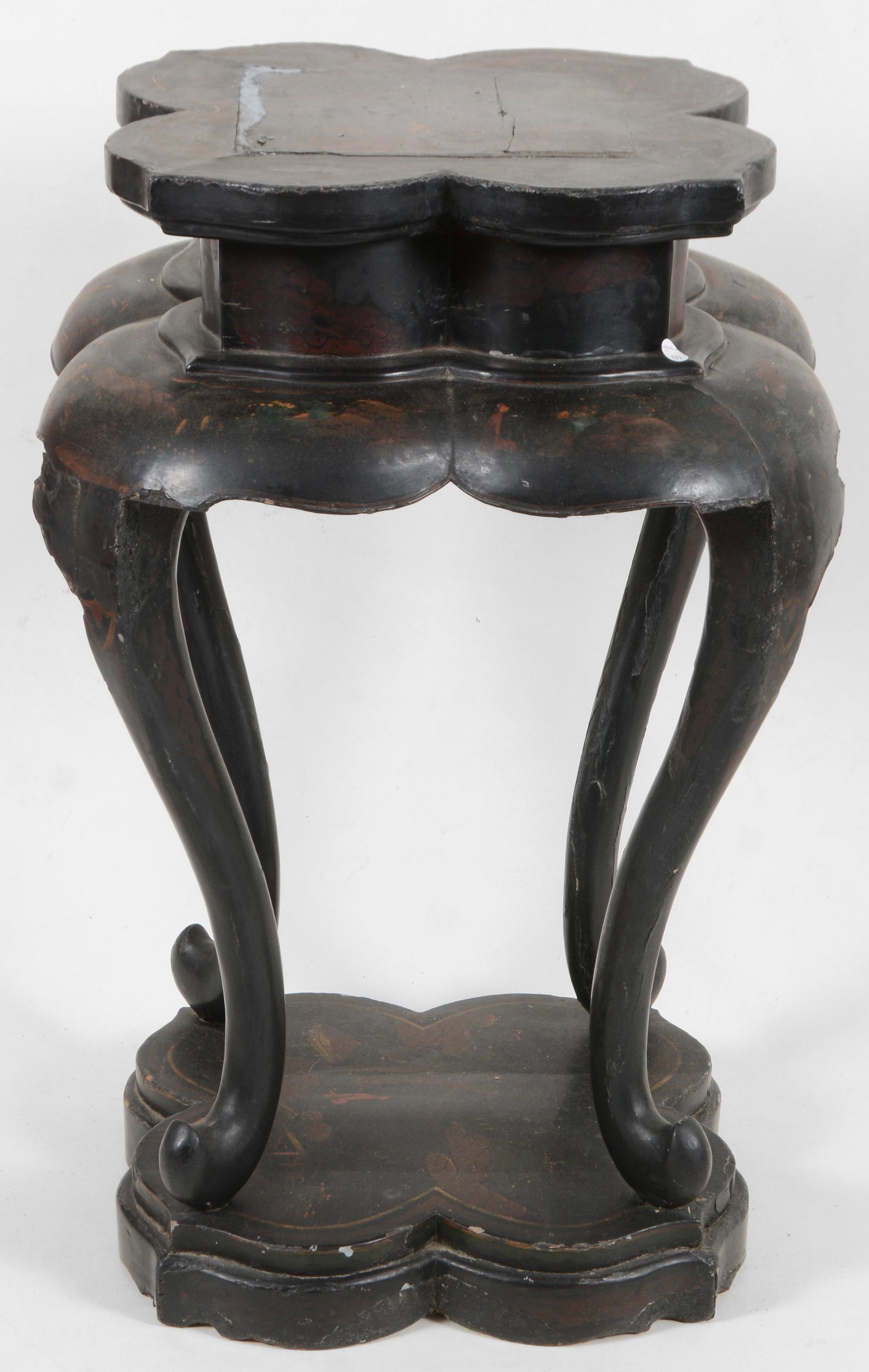 Incense stand. China. 19th century. Quatrefoil form. Lacquered surface. 29.5in. Losses top. 15.5in: Incense stand. China. 19th century. Quatrefoil form. Lacquered surface. 29.5in. Losses top. 15.5in square surface.