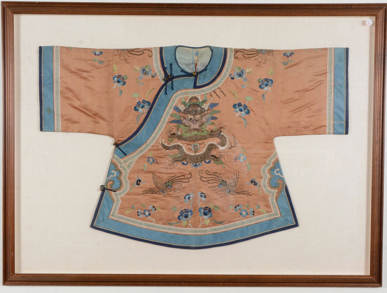 Silk robe. China. Late 19th century. Rust red ground embroidered with dragons, butterflies, and (1 of 9)