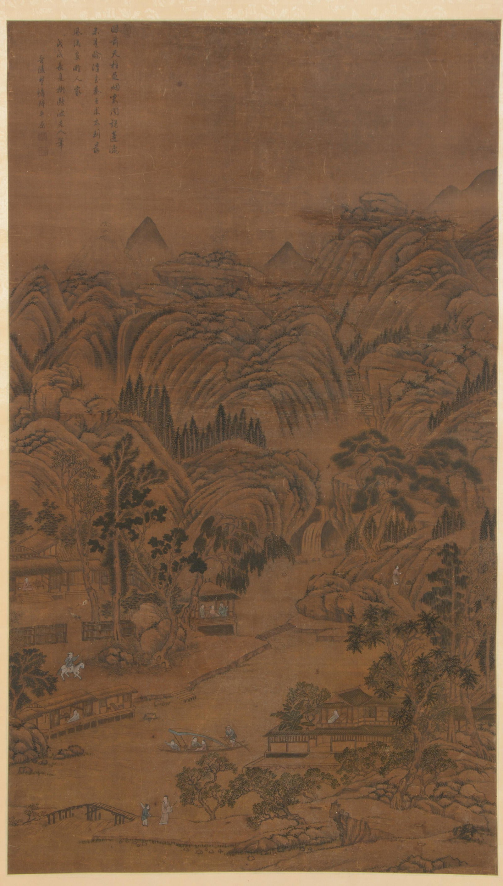 Hanging scroll. China. 18th century or earlier. Large landscape including various figures. Signed: Hanging scroll. China. 18th century or earlier. Large landscape including various figures. Signed Lou Ping. Toned, stains, and old repairs. 49 x 26.75in image size.