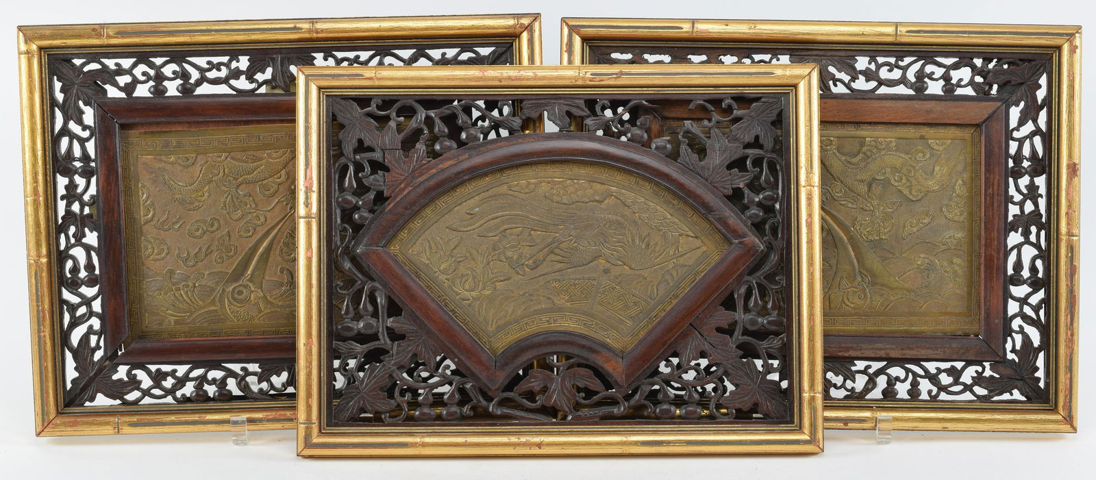 3 bronze plaques. China. 19th/early 20th century. Surface engraved with phoenixes and dragons. (1 of 7)