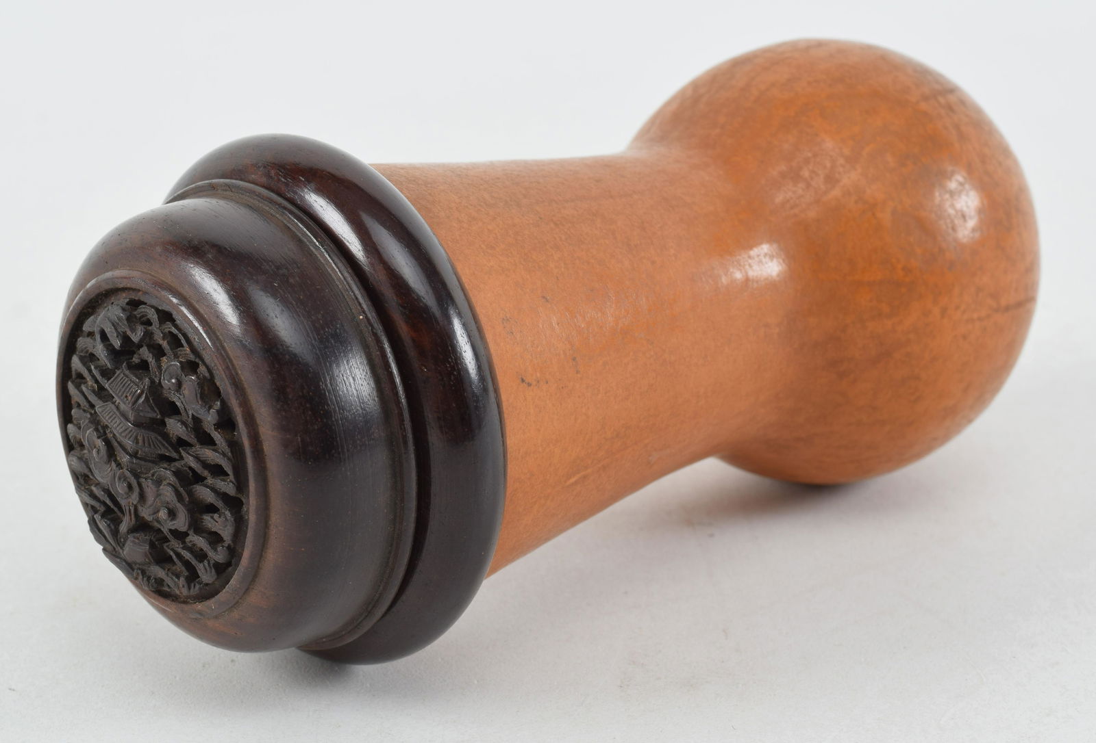 Cricket cage. China. 19th/early 20th century. Shaped gourd with a carved hardwood top. 5.5in length. (1 of 6)