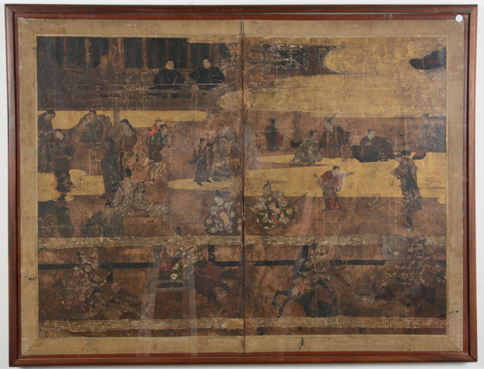 2 panel screen. Japan. 18th century. Ink and colors on gold paper. Horse racing scene. 39 x 51.25in. (1 of 5)