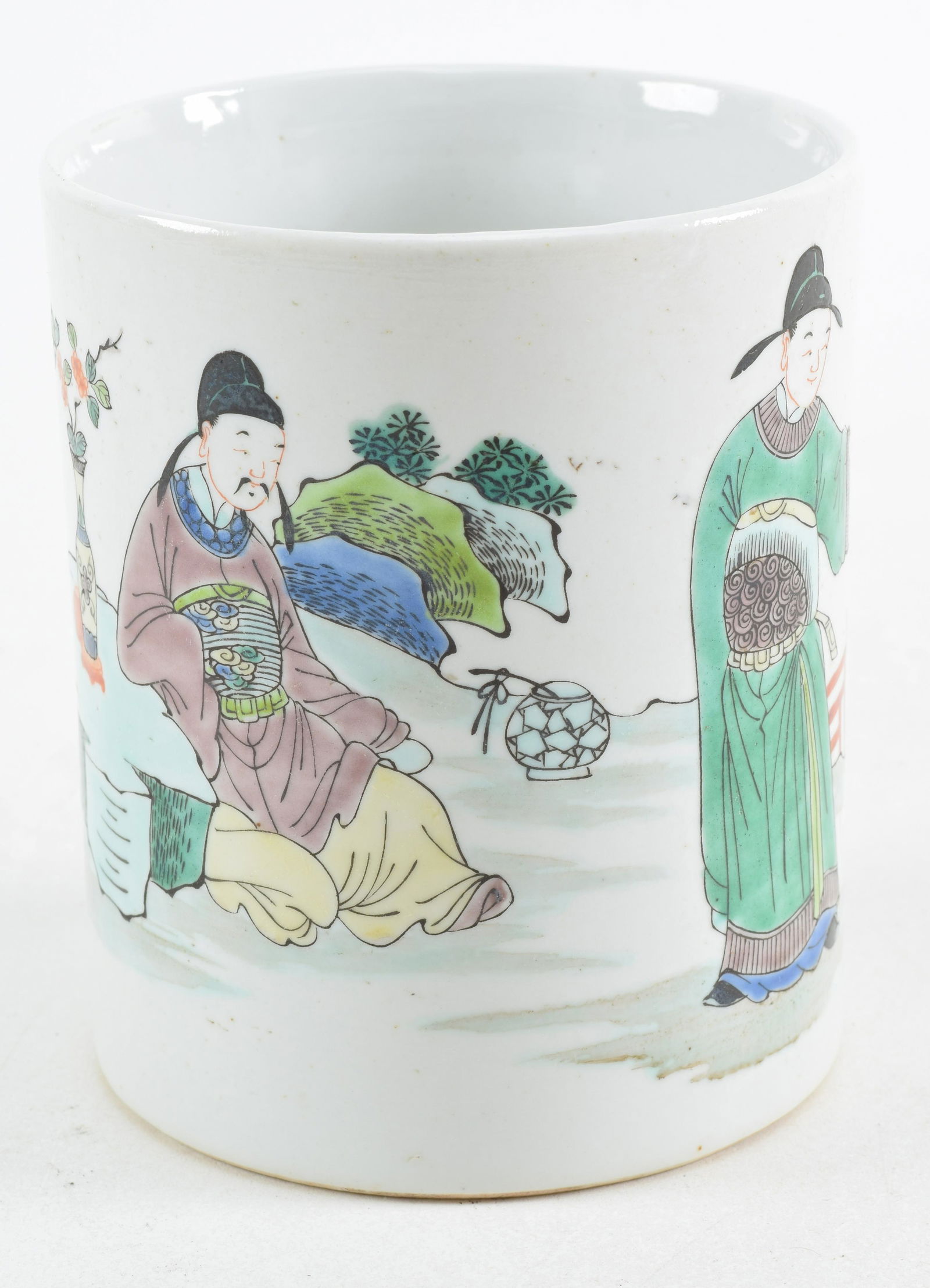 Porcelain brush holder. China. 19th century. Cylindrical form. Famille verte decoration of scholars. (1 of 5)