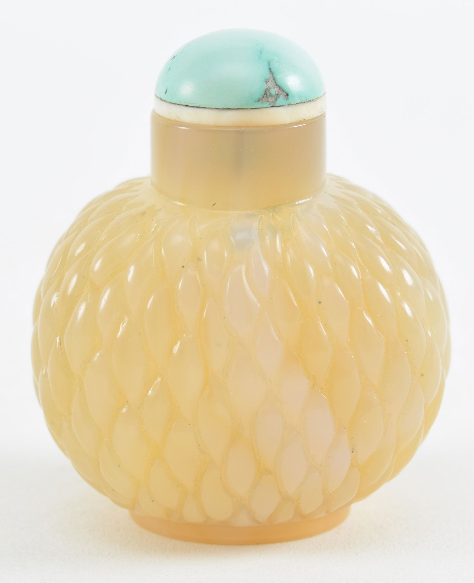 Agate snuff bottle. China. 19th century. Carved basket weave decoration. Turquoise stopper. 1.75in (1 of 6)