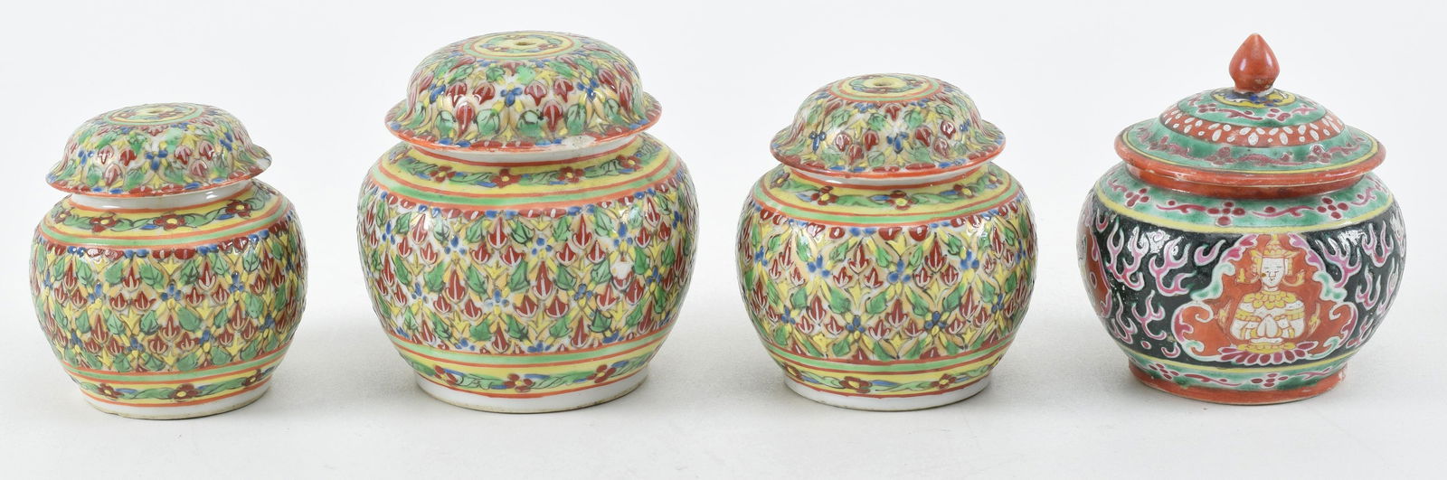4 porcelain covered jars. Bencharong ware. China for the Thai market. Some with chips. Largest (1 of 8)