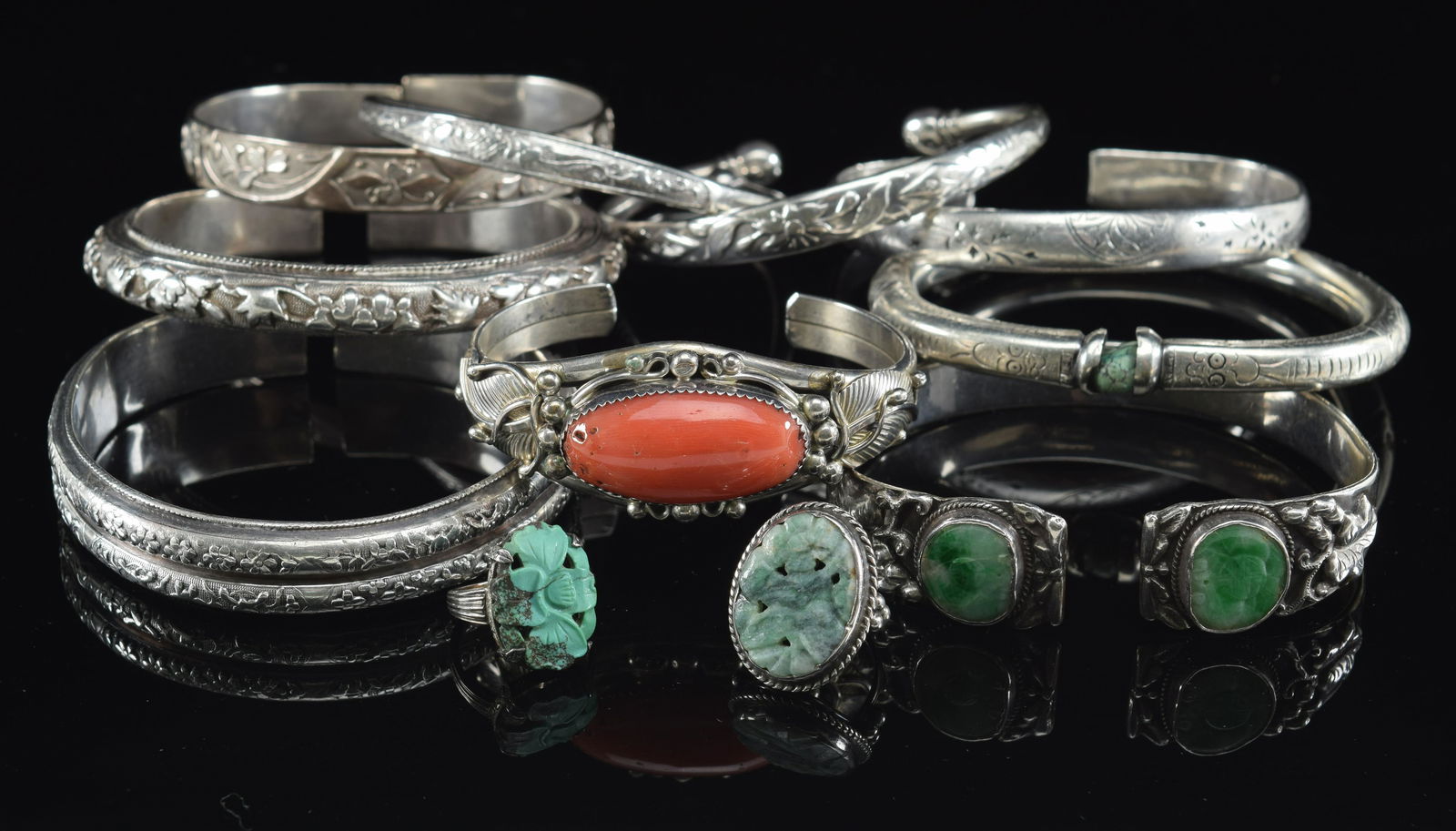 Lot of eleven pieces of silver jewelry. China. 19th century. 9 bracelets, one set with jade, another (1 of 13)